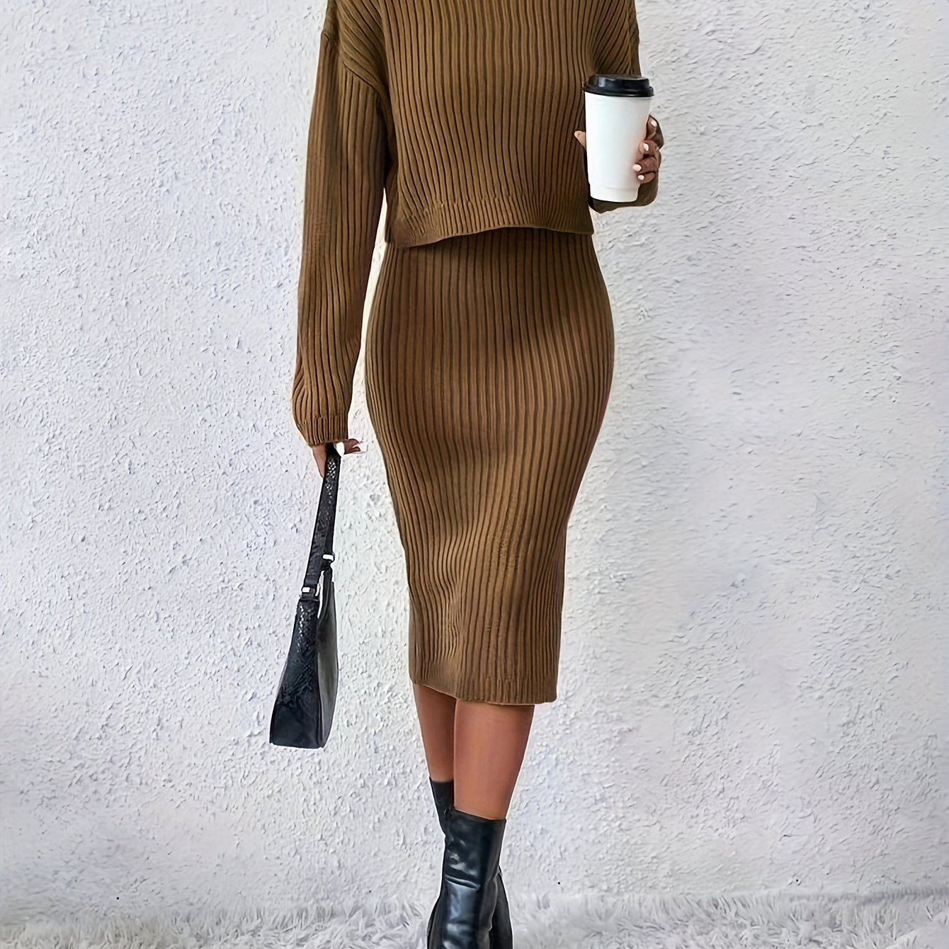 gbolsos Casual Sweater Two-piece Set, Turtleneck Long Sleeve Tops & Sleeveless Bodycon Dress Outfits, Women's Clothing