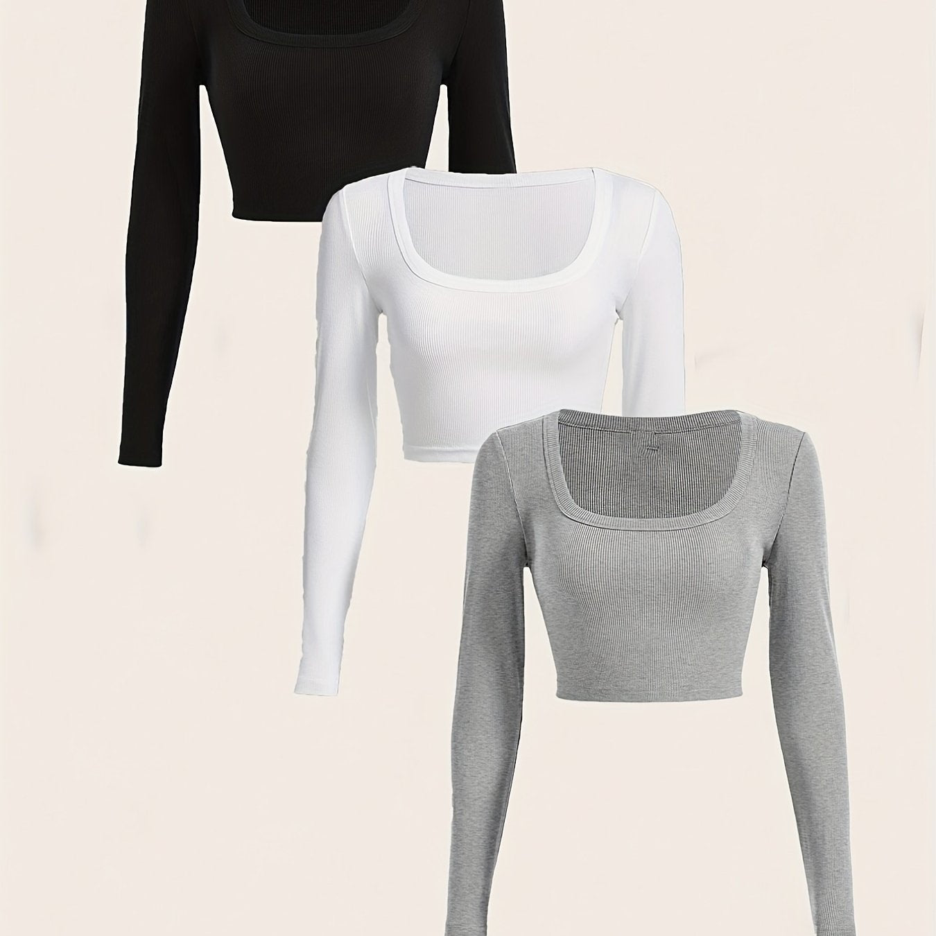 gbolsos 3 Packs Ribbed Square Neck Crop T-Shirts, Casual Long Sleeve Top For Spring & Fall, Women's Clothing