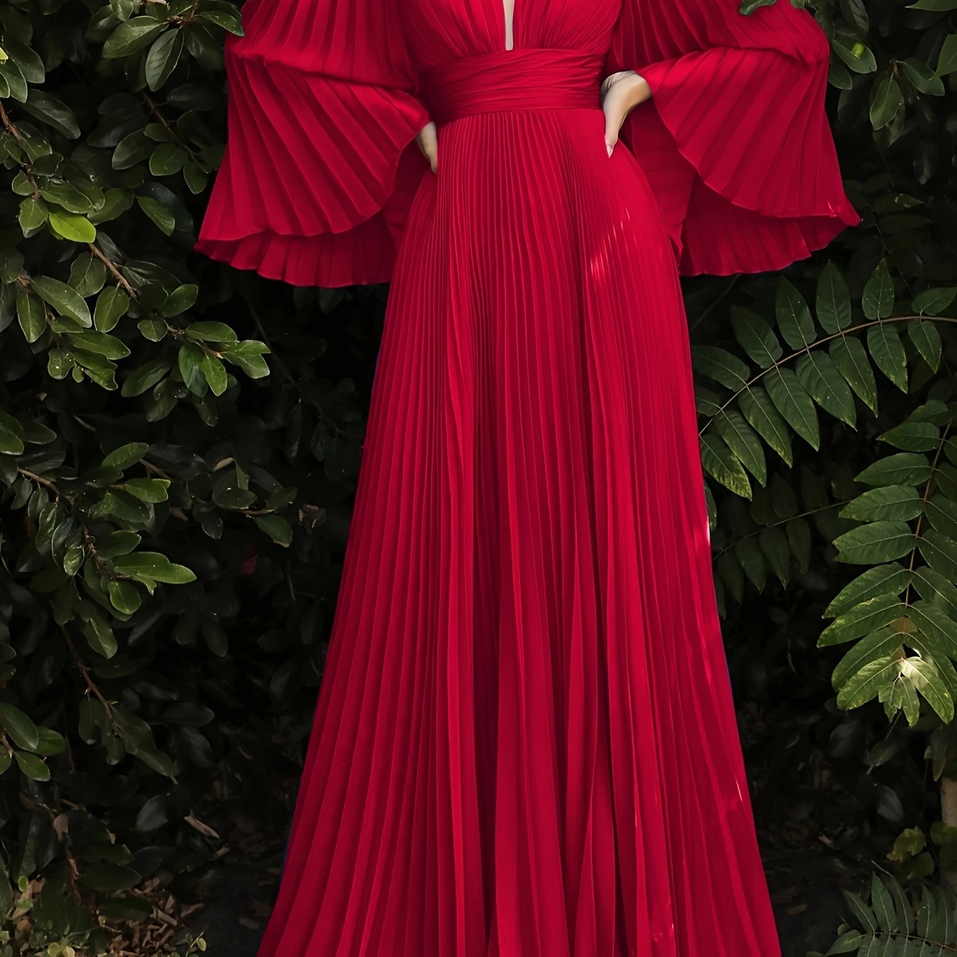gbolsos Plus Size Solid Pleated Bridesmaid Dress, Elegant V-neck Flare Sleeve Maxi Dress For Wedding Party, Women's Plus Size Clothing
