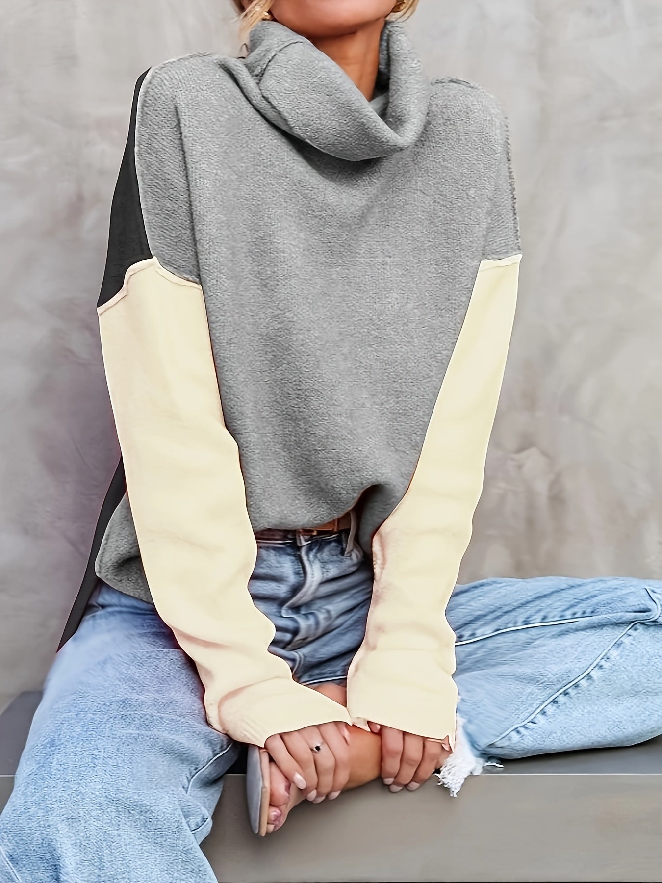 gbolsos Color Block Turtle Neck Pullover Sweater, Casual Long Sleeve Split Side Sweater For Fall & Winter, Women's Clothing