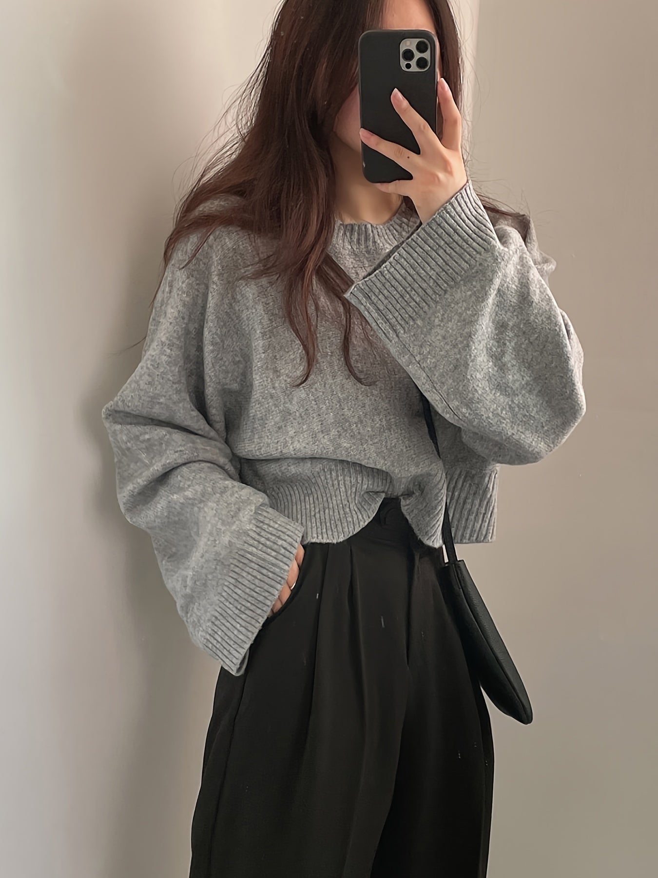 Solid Crew Neck Pullover Sweater, Casual Long Sleeve Split Loose Crop Sweater, Women's Clothing
