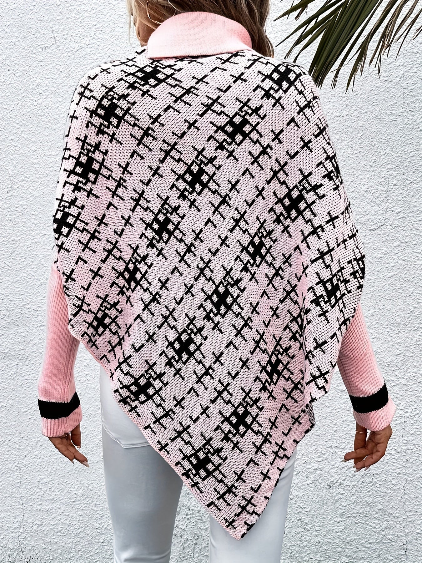 gbolsos Plaid Pattern Turtle Neck Cape Sweater, Casual Batwing Sleeve Asymmetrical Hem Sweater, Women's Clothing