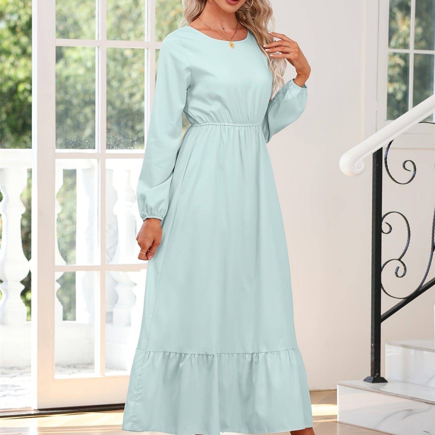 gbolsos Elegant Crew Neck Draped Extra-long Dress, Casual Long Sleeve Solid Elastic Waist Ruffle Hem Party Long Dresses, Women's Clothing