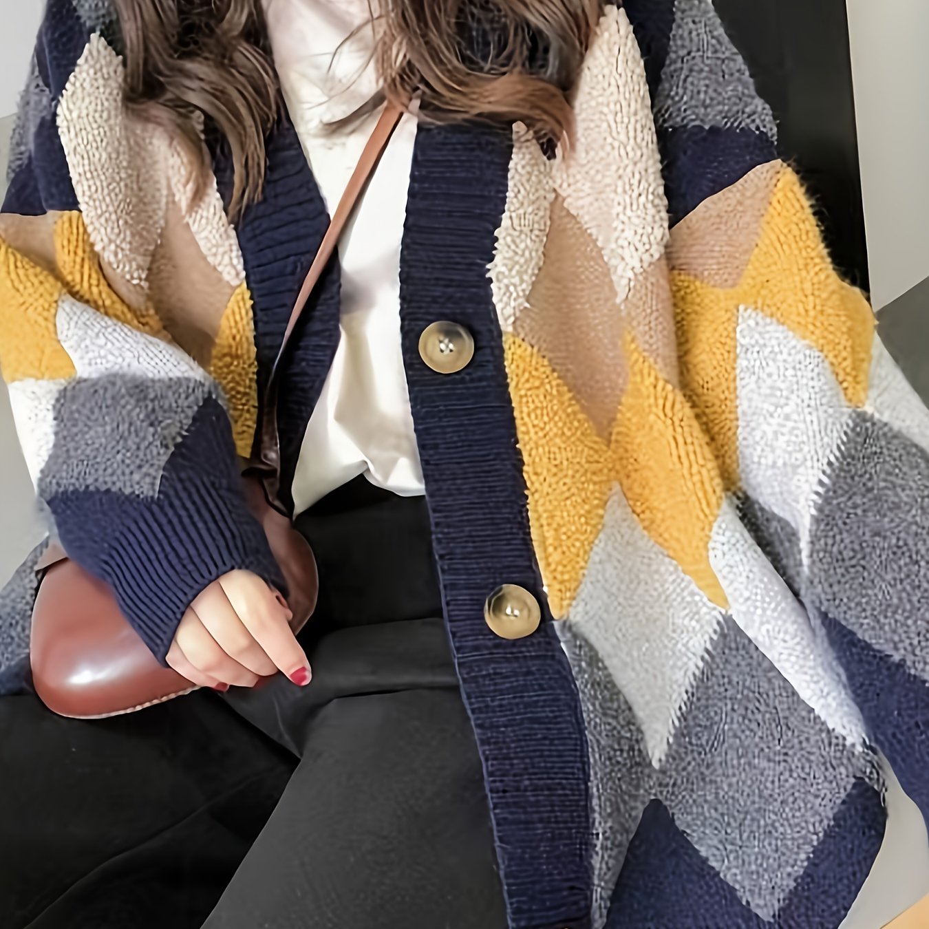 gbolsos Letter Pattern Button Down Knit Cardigan, Casual Long Sleeve Loose Thick Sweater Jacket, Women's Clothing
