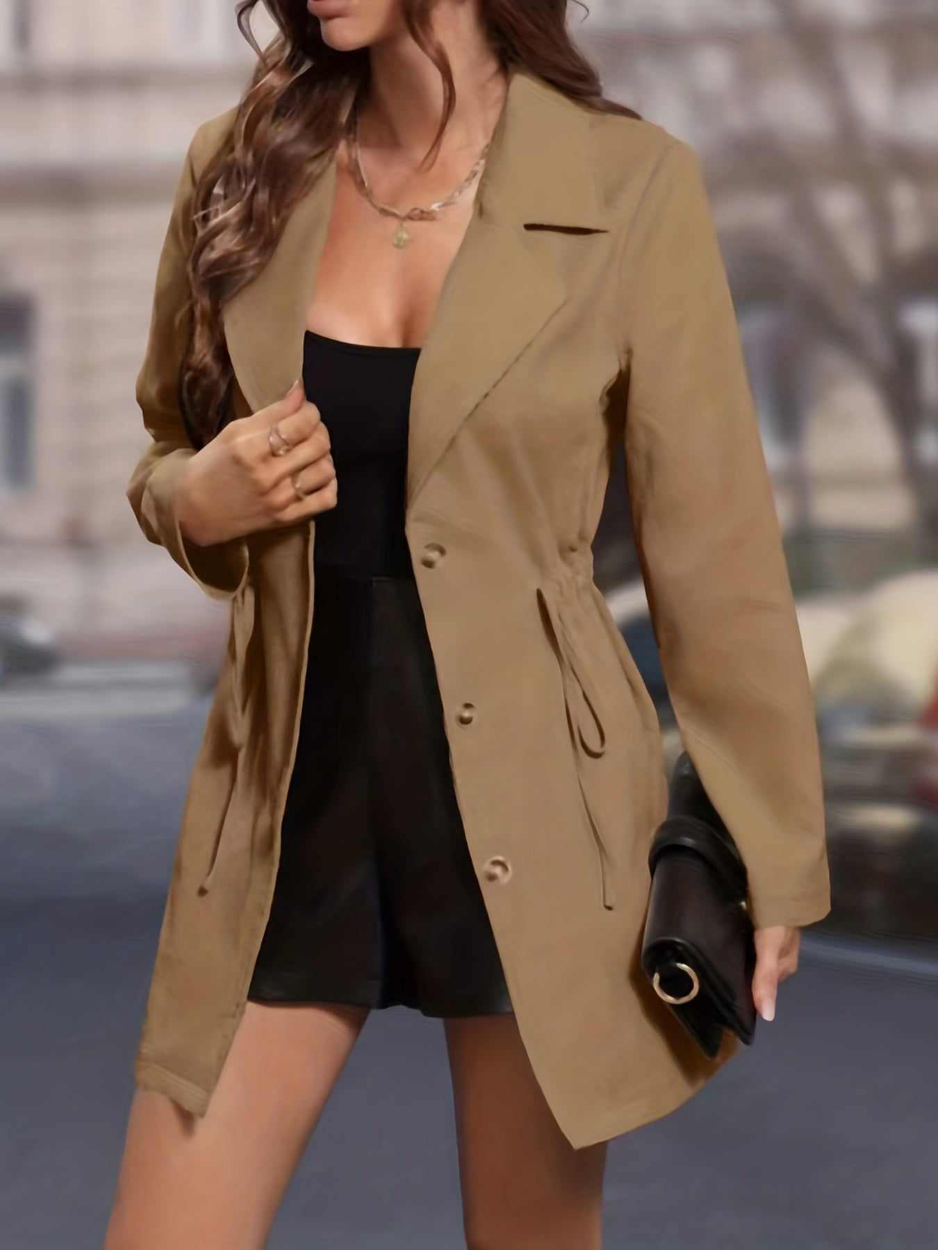 gbolsos Drawstring Lapel Coat, Elegant Solid Long Sleeve Outerwear, Women's Clothing