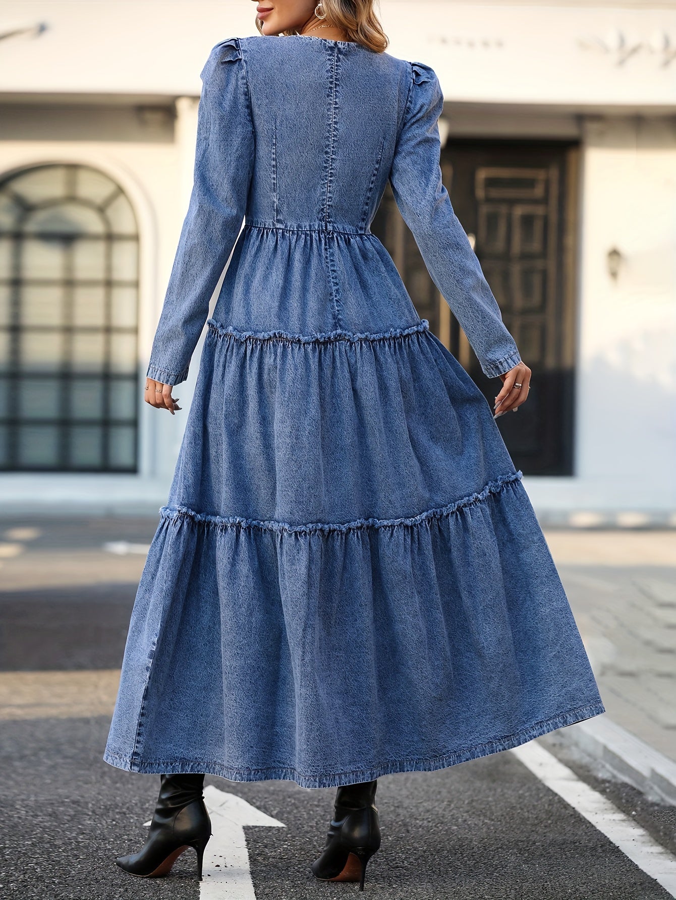 gbolsos Long Sleeves Layered Denim Dress, V Neck Ruffle Hem Denim Dress, Women's Denim Clothing