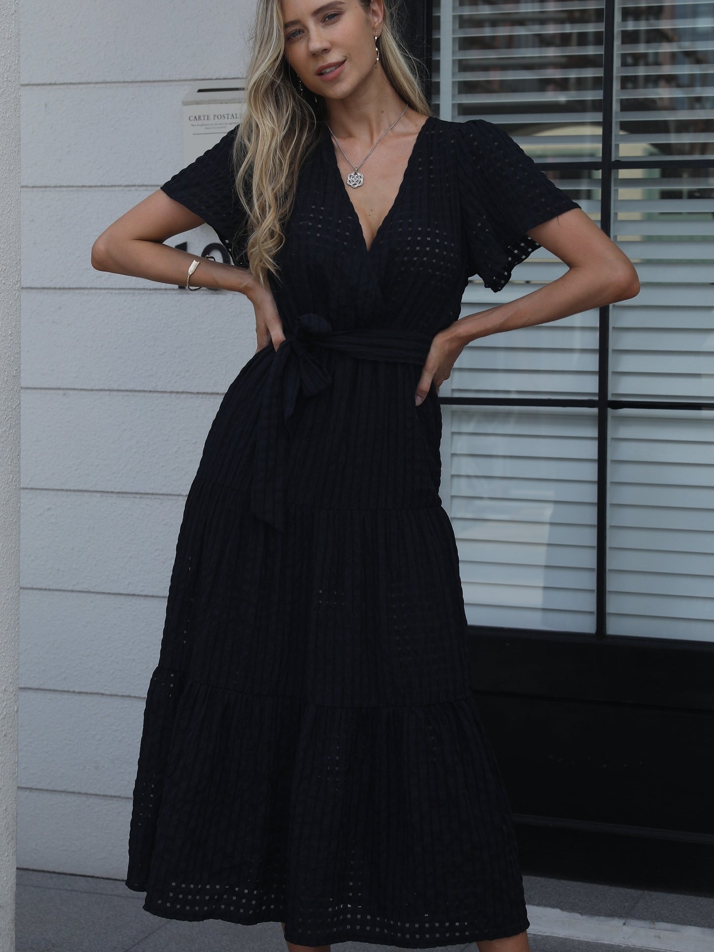 gbolsos Solid High Waist Dress, Casual Surplice Neck Short Sleeve Maxi Dress, Women's Clothing