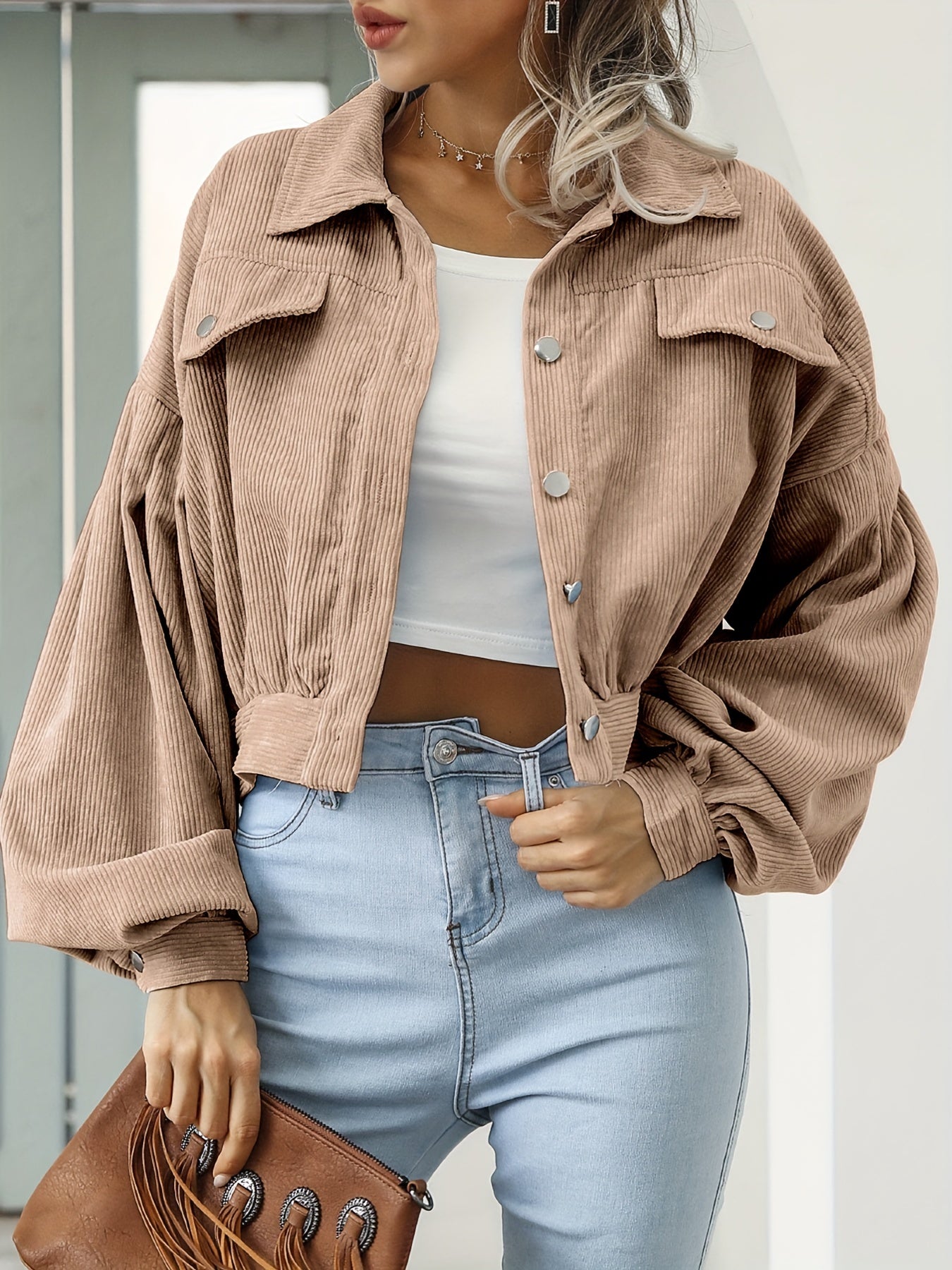 gbolsos Casual Corduroy Crop Jacket, Lapel Lantern Long Sleeve Fashion Loose Crop Outerwear, Women's Clothing