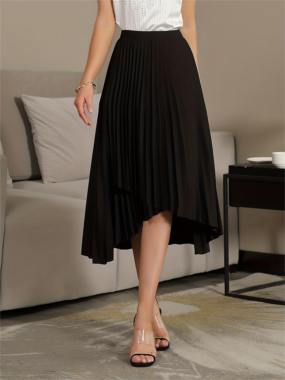 Solid Pleated Skirts, Elegant Asymmetrical High Waist A Line Skirts, Women's Clothing