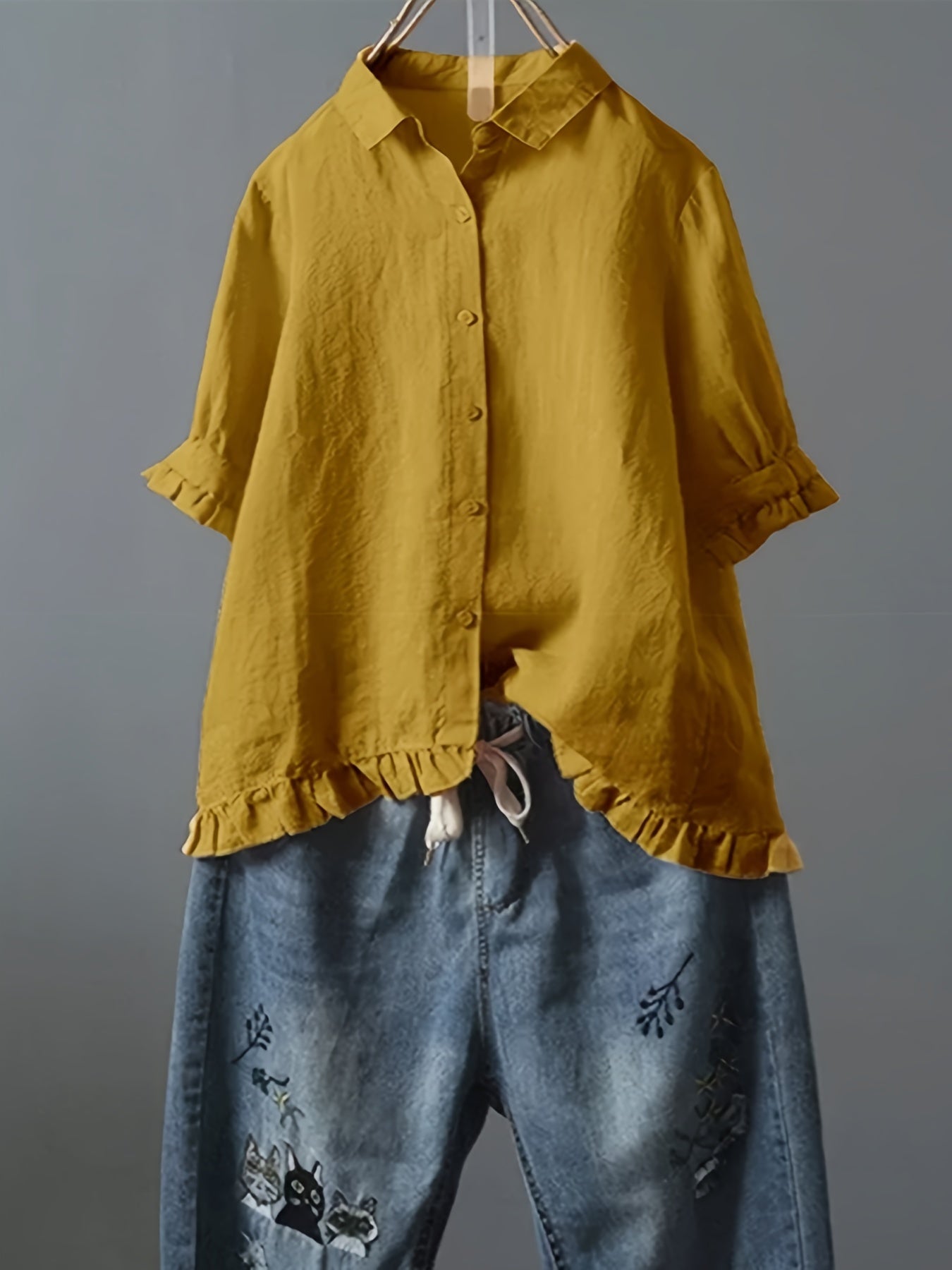 Solid Ruffle Trim 3/4 Sleeve T-Shirt, Casual All-Seasons Tops, Women's Clothing