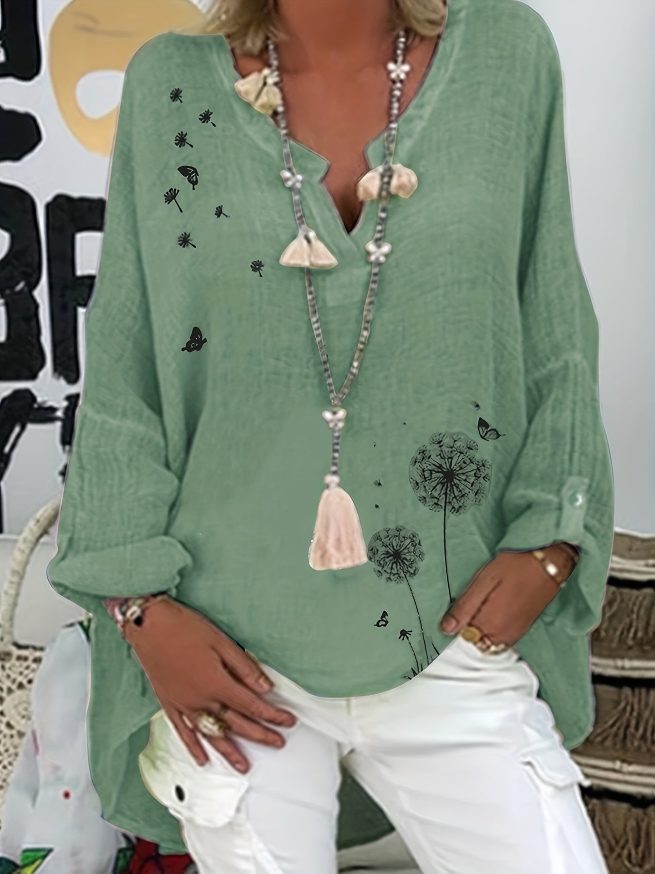 Plus Size Casual Blouse, Women's Plus Graphic Print Long Sleeve Notched Neck Asymmetrical Hem Blouse