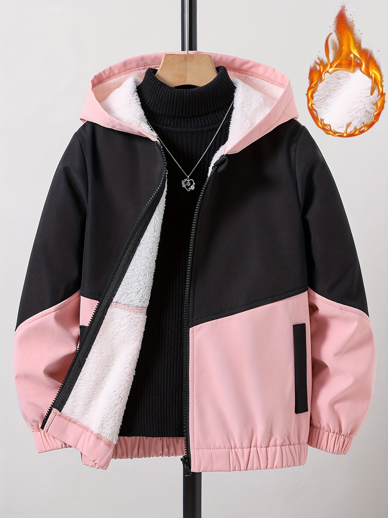 gbolsos Girls Chevron Color Block Hooded Fleece Lined Windbreaker Jacket For Teen Kids Autumn And Winter