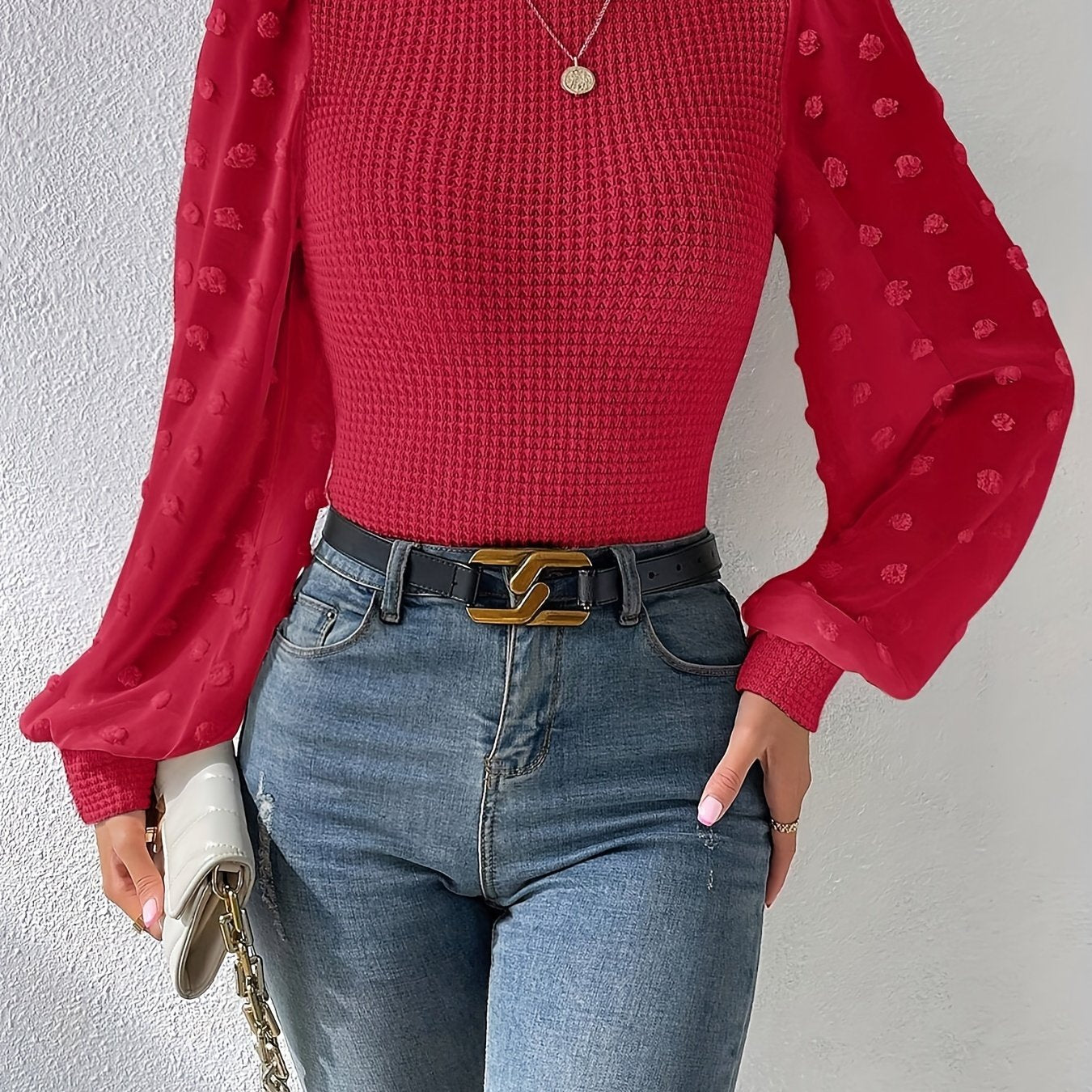 gbolsos Swiss Dot Mock Neck Blouse, Casual Long Lantern Sleeve Blouse For Spring & Fall, Women's Clothing