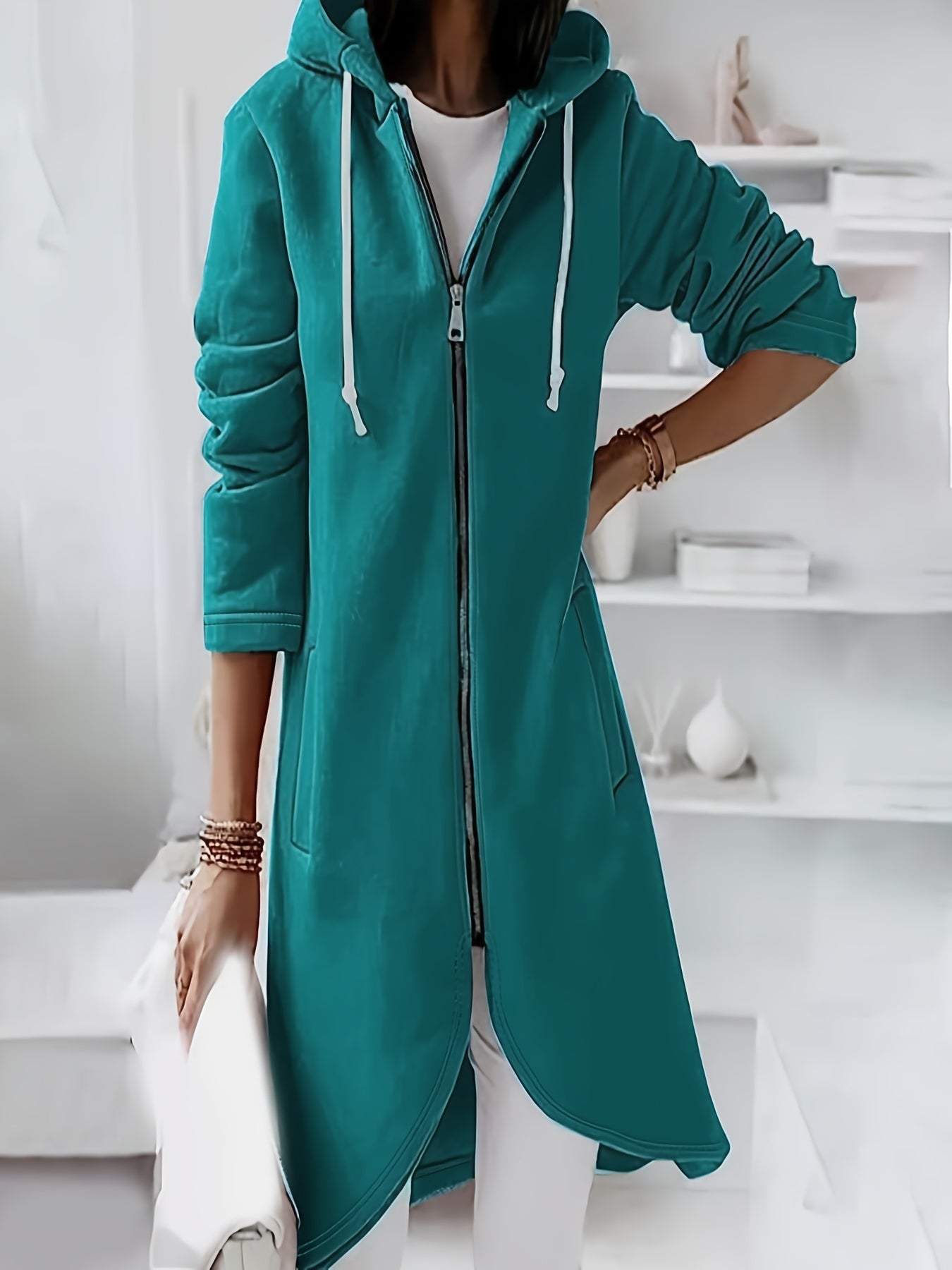 Plus Size Casual Coat, Women's Plus Solid Zip Up Long Sleeve Asymmetrical Hem Drawstring Hooded Coat