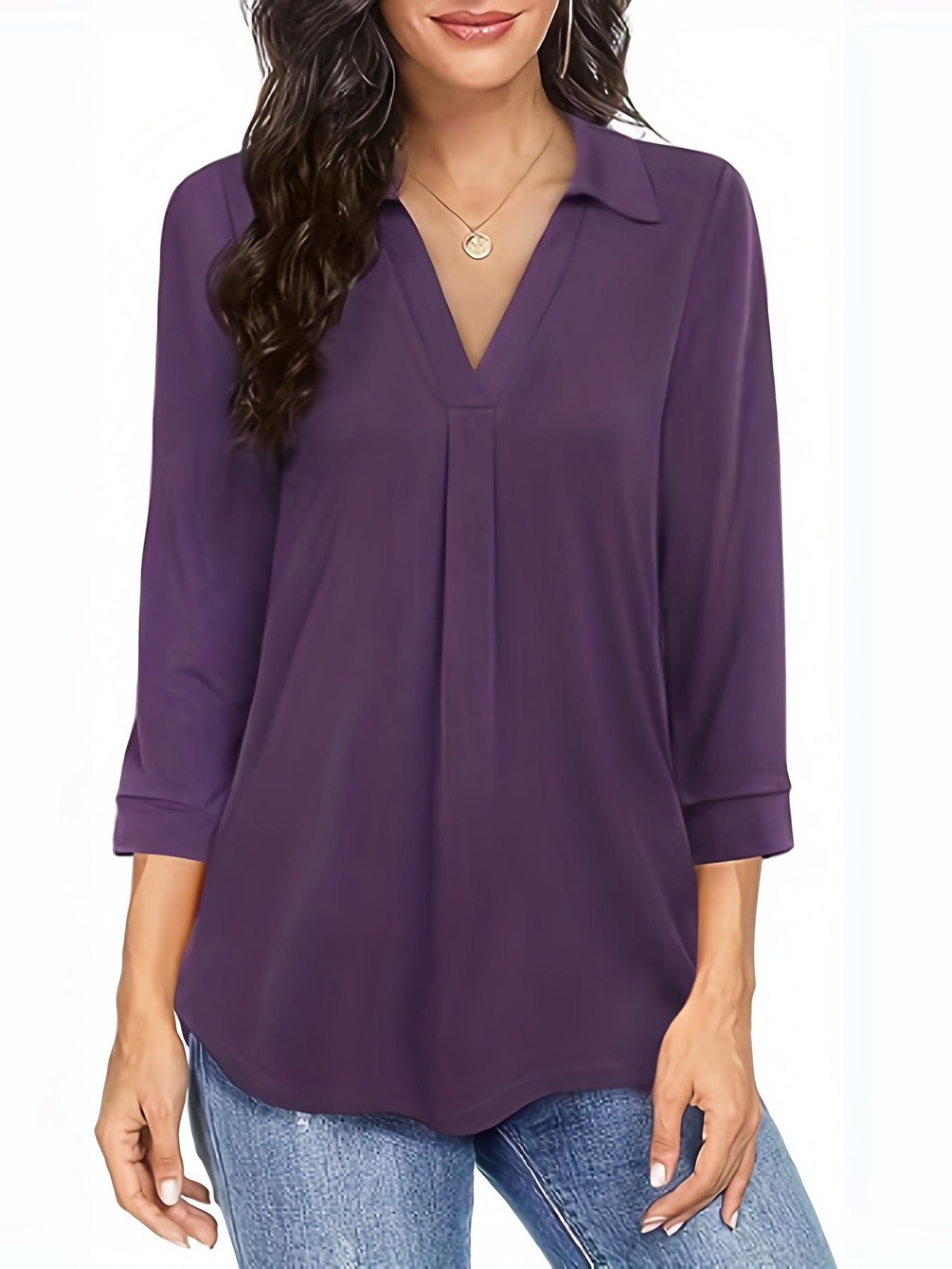 gbolsos Plus Size Casual Blouse, Women's Plus Solid Half Sleeve Turn Down Collar Tunic Top