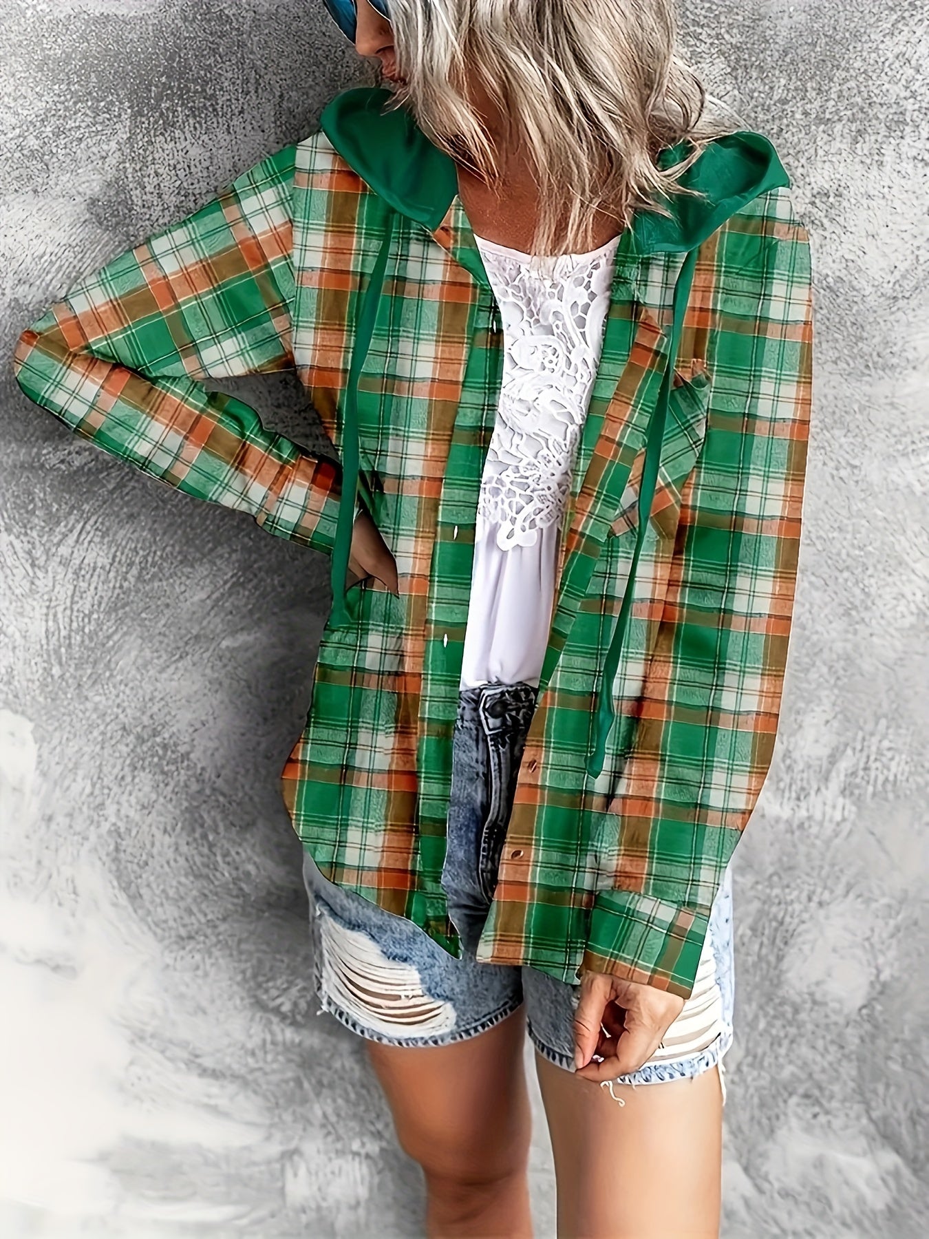 gbolsos Hooded Plaid Print Blouse, Casual Button Front Drawstring Long Sleeve Blouse, Women's Clothing