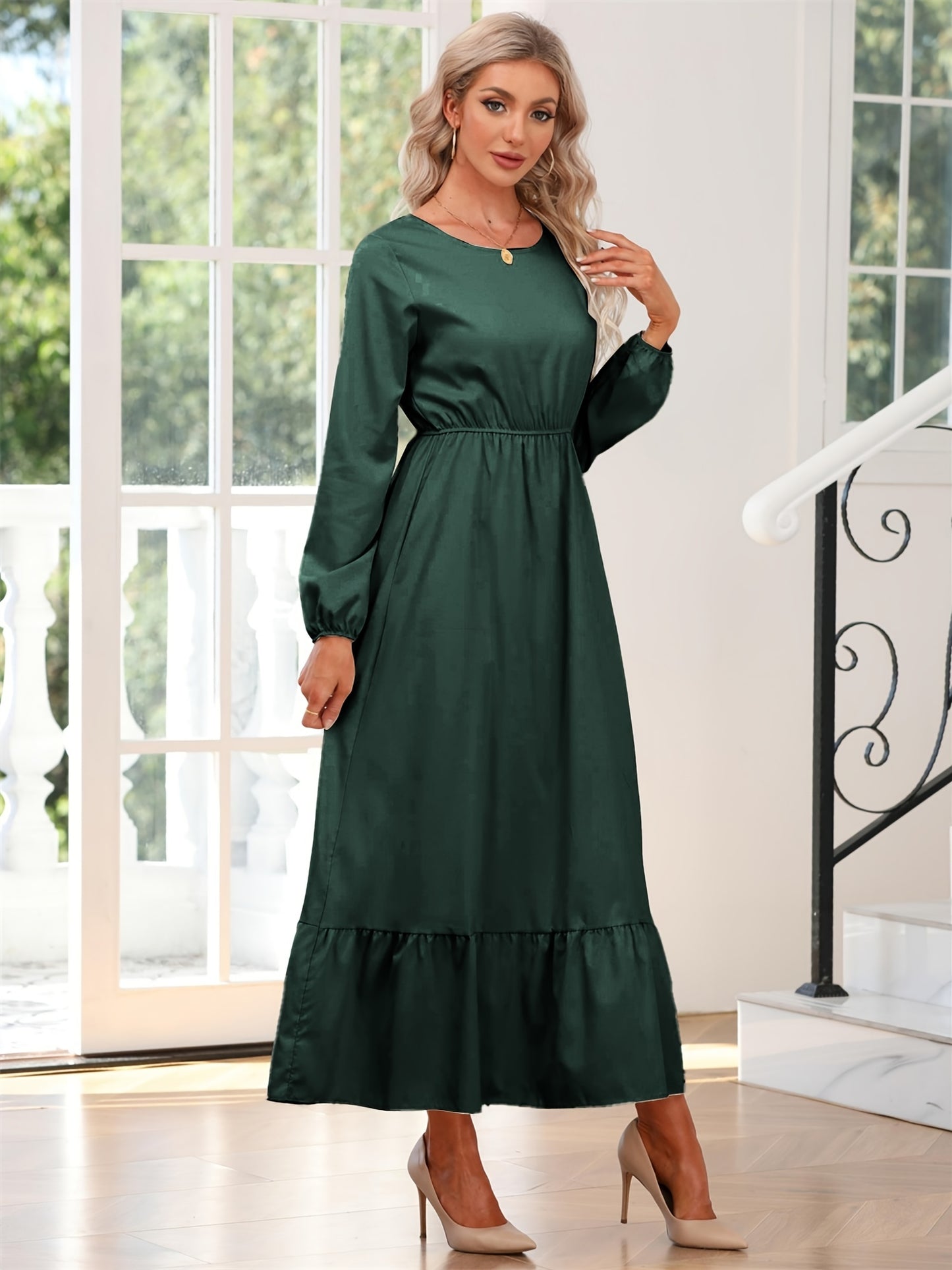 gbolsos Elegant Crew Neck Draped Extra-long Dress, Casual Long Sleeve Solid Elastic Waist Ruffle Hem Party Long Dresses, Women's Clothing