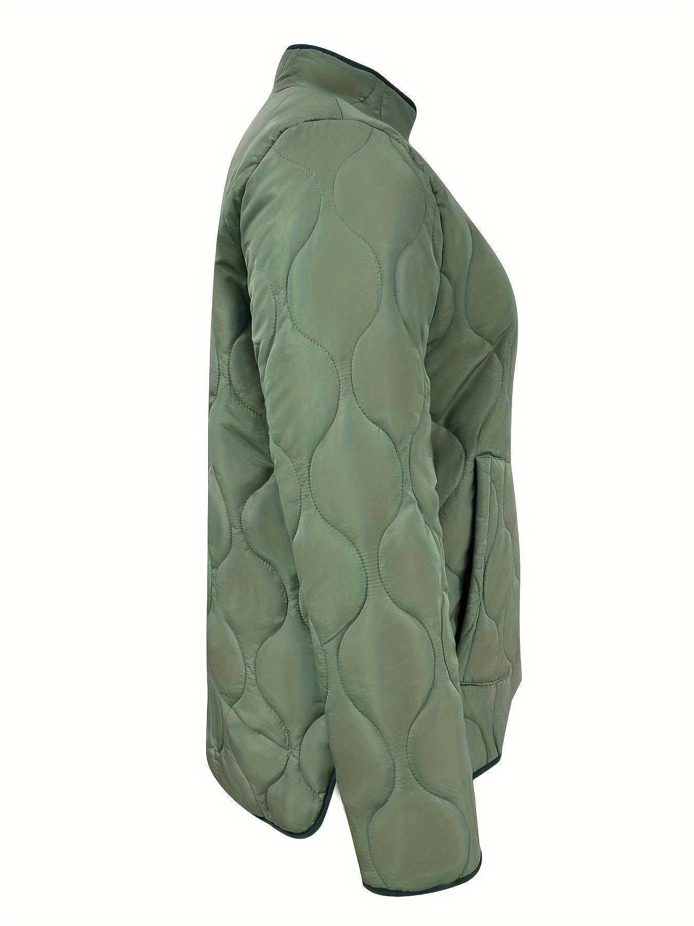 gbolsos Plus Size Casual Coat, Women's Plus Solid Quilted Long Sleeve Button Up Mock Neck Coat With Pockets