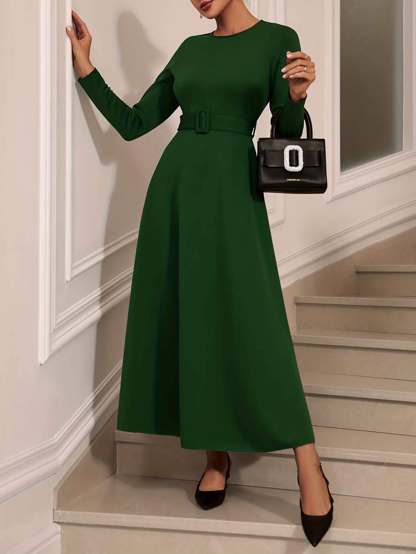 gbolsos Solid Long Sleeve Belt Dress, Elegant Crew Neck Dress For Spring & Fall, Women's Clothing