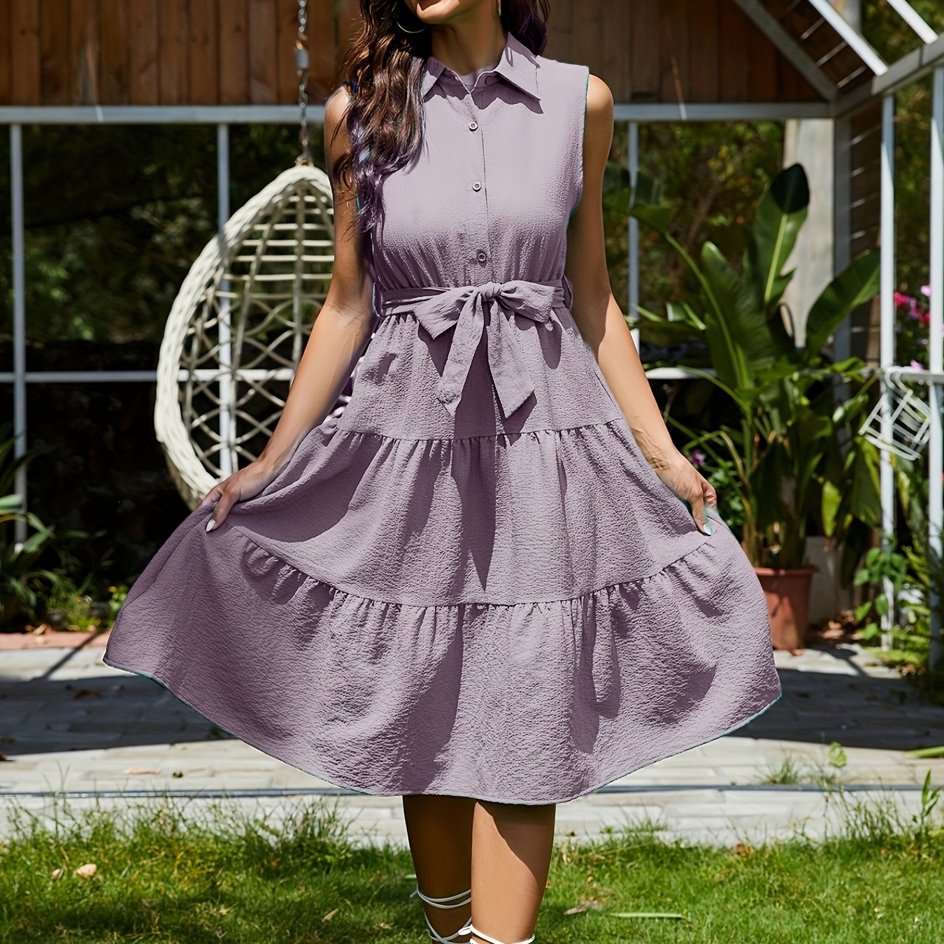 gbolsos Shirt Collar Belted Tiered Dress, Sleeveless Summer Vacation Casual Dress, Women's Clothing