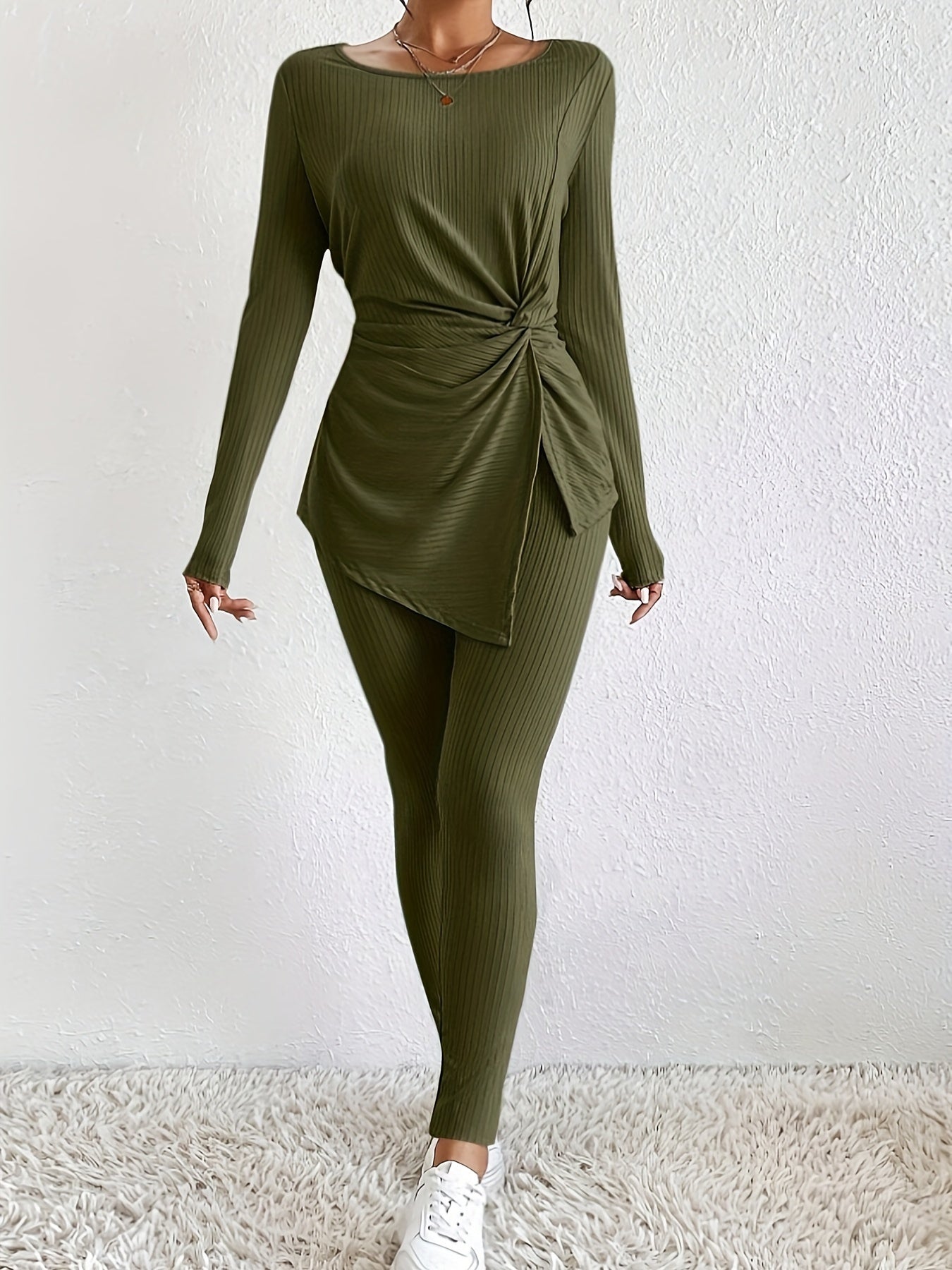 gbolsos Solid Casual Two-piece Set, Twist Knot Long Sleeve Top & Slim Pants Outfits, Women's Clothing