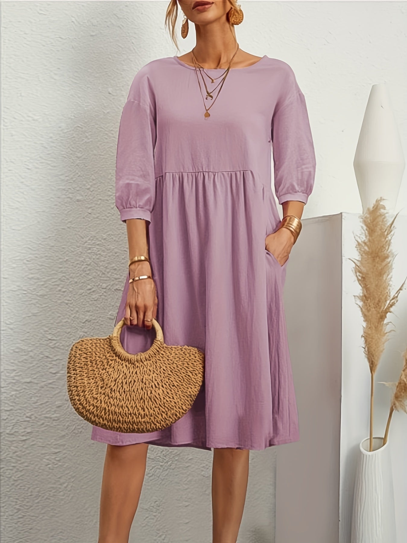 Lantern Sleeve Pocket Dress, Casual Crew Neck Half Sleeve Dress, Women's Clothing