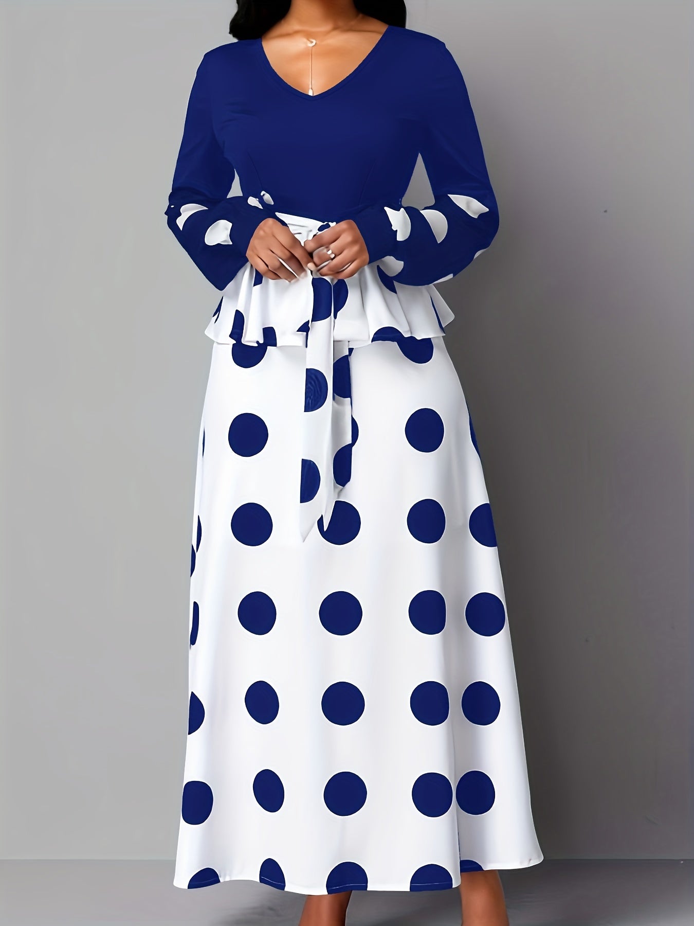 gbolsos Color Block Polka Dot V Neck Long Sleeve Dress, Elegant High Tie Waist Flared Maxi Dress, Women's Clothing