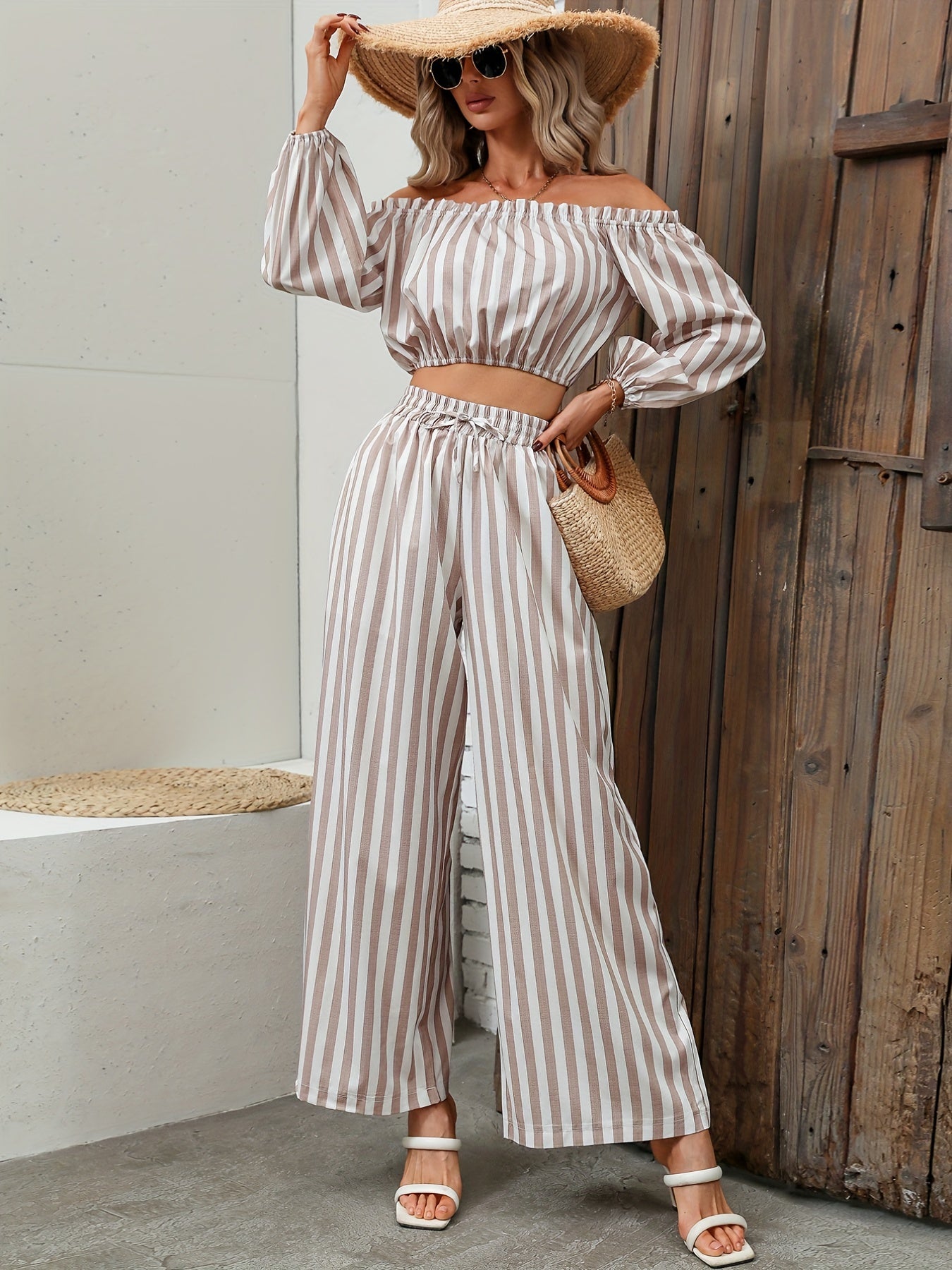 Striped Print Casual Two-piece Set, Off Shoulder Long Sleeve Tops & Wide Leg Drawstring Pants Outfits, Women's Clothing