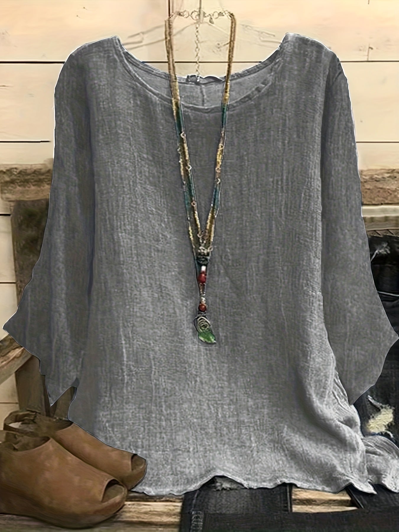 solvbao Plus Size Casual Top, Women's Plus Solid Long Sleeve Round Neck Oversized Tunic Top