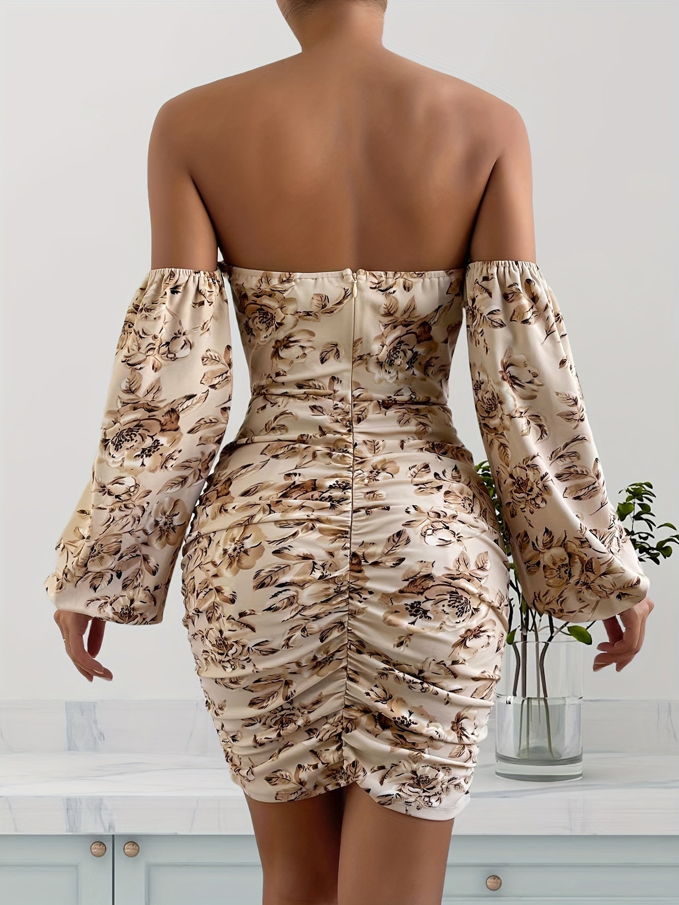 gbolsos Floral Print Off Shoulder Dress, Sexy Lantern Sleeve Bodycon Dress, Women's Clothing