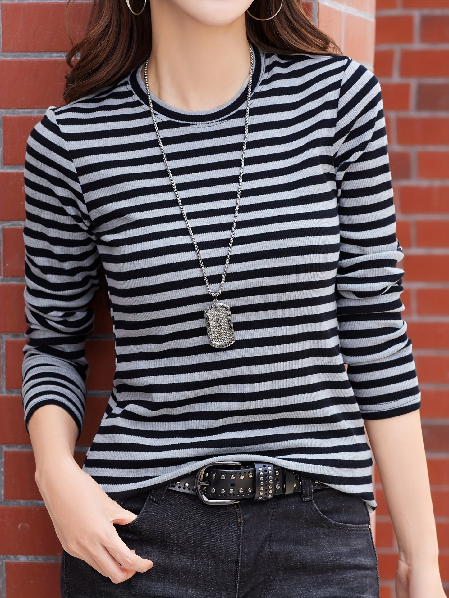 gbolsos Striped Print Crew Neck T-Shirt, Casual Long Sleeve T-Shirt For Spring & Fall, Women's Clothing