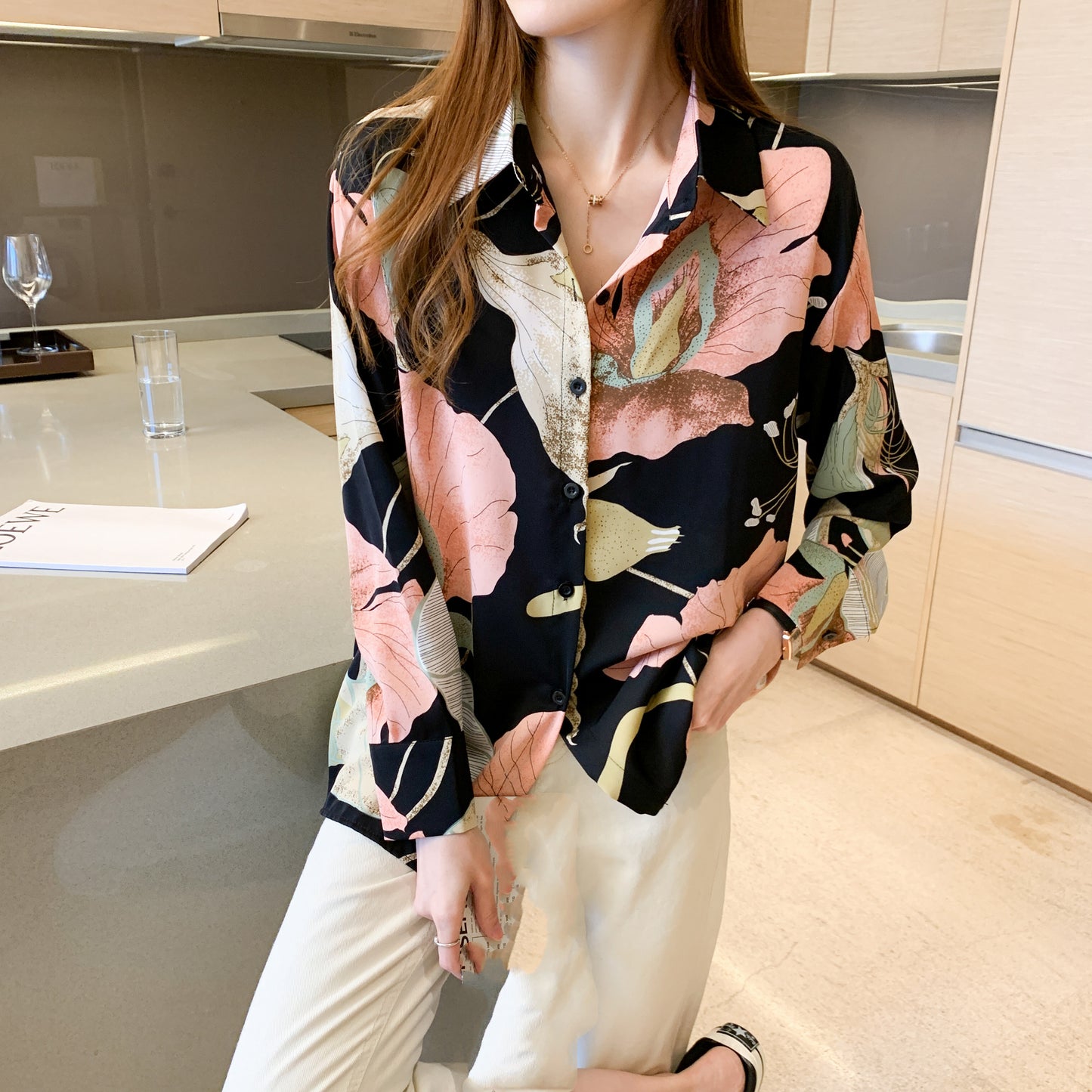gbolsos Print V-neck Loose Lapel Blouses, Casual Button Down Long Sleeve Fashion Shirts Tops, Women's Clothing