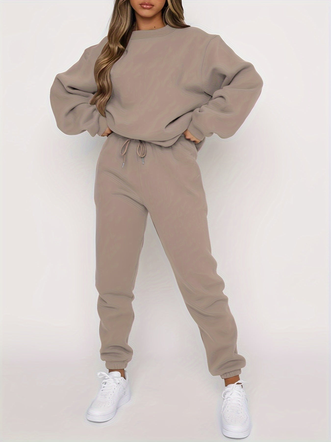 gbolsos Solid Casual Two-piece Set, Crew Neck Long Sleeve Tops & Drawstring Jogger Pants Oufits, Women's Clothing