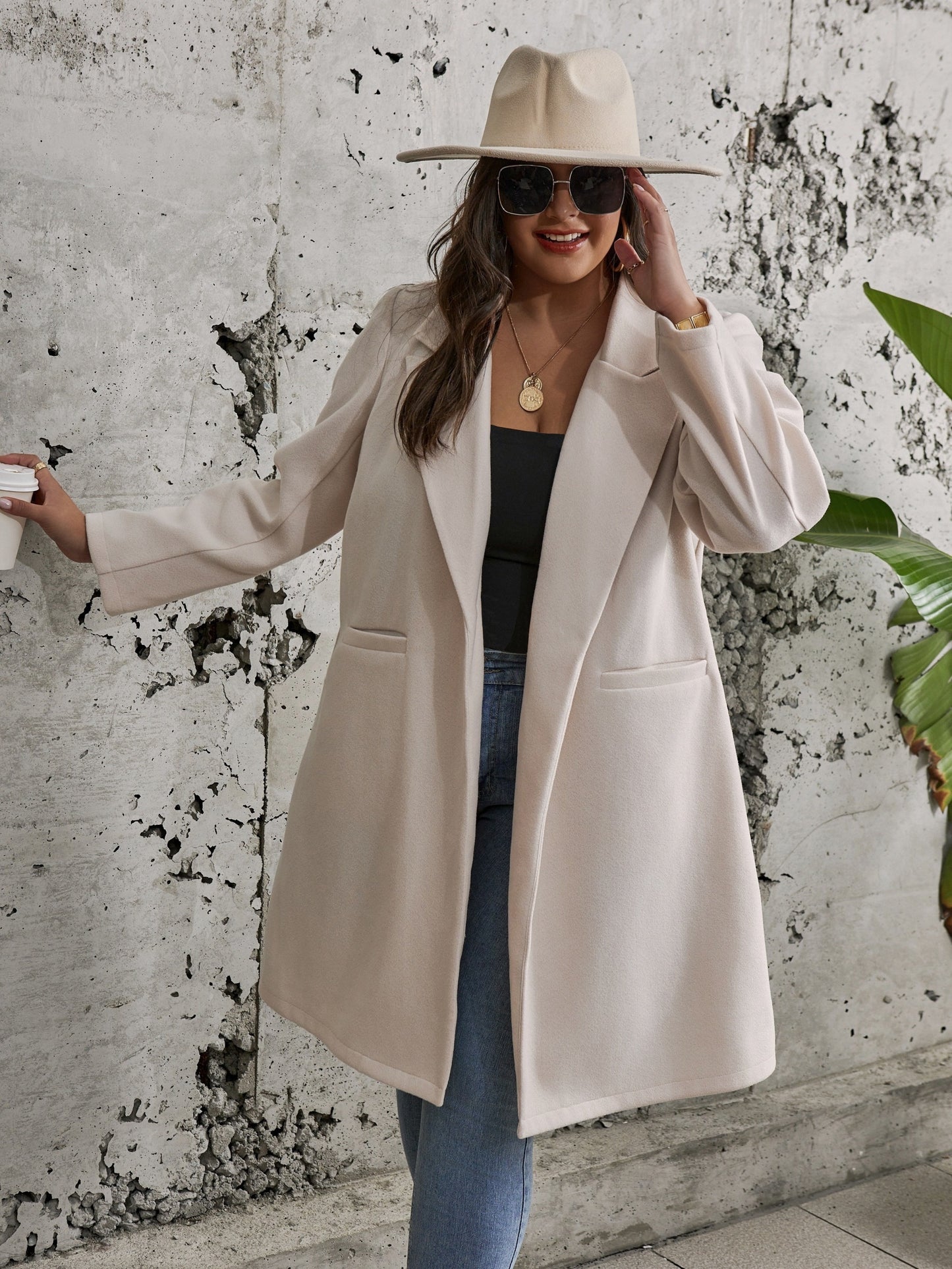 Plus Size Elegant Coat, Women's Plus Solid Long Sleeve Lapel Collar Longline Woolen Coat With Pockets