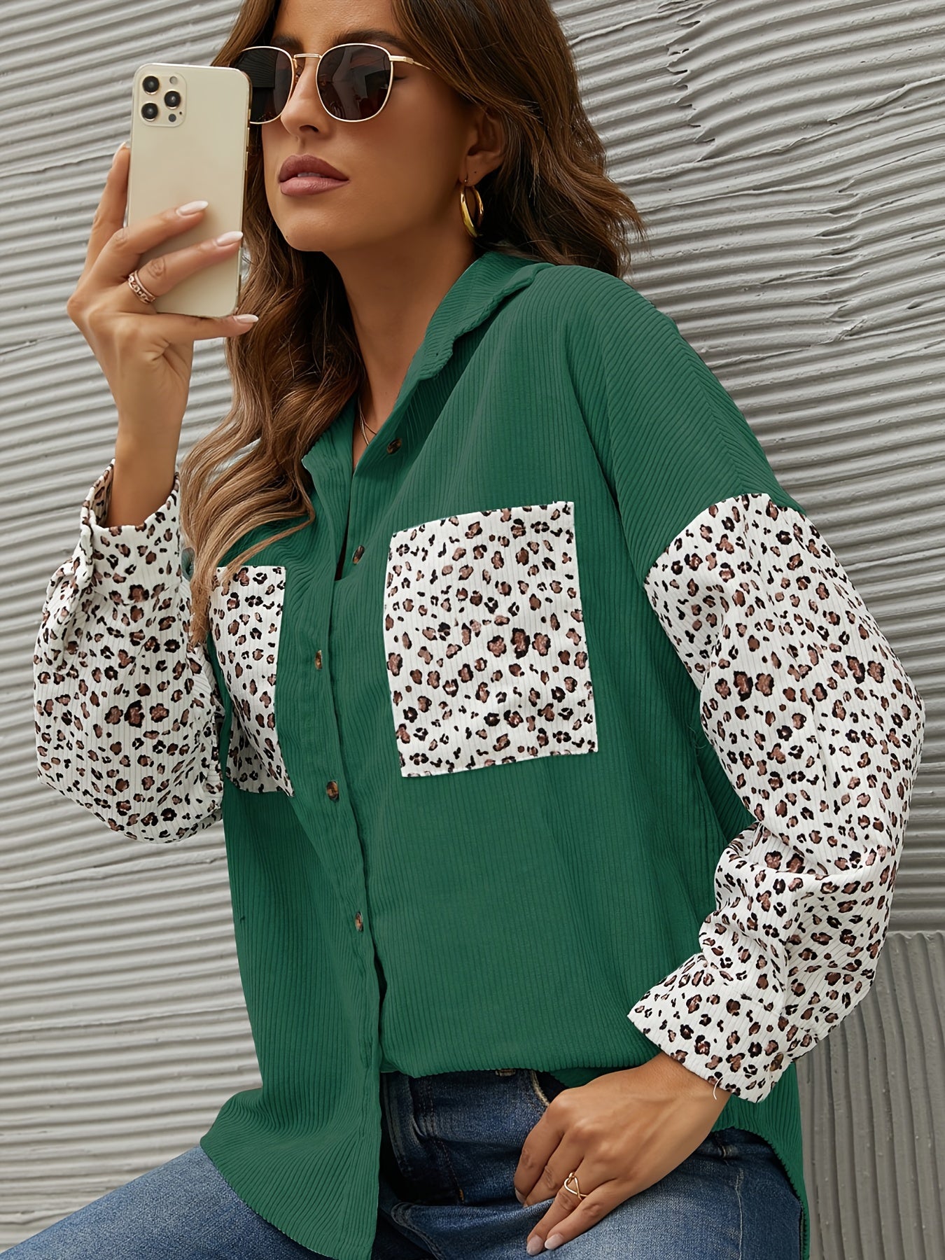 gbolsos Corduroy Leopard Print Stitching Coat, Casual Lapel Long Sleeve Button Down Fashion Loose Outerwear, Women's Clothing
