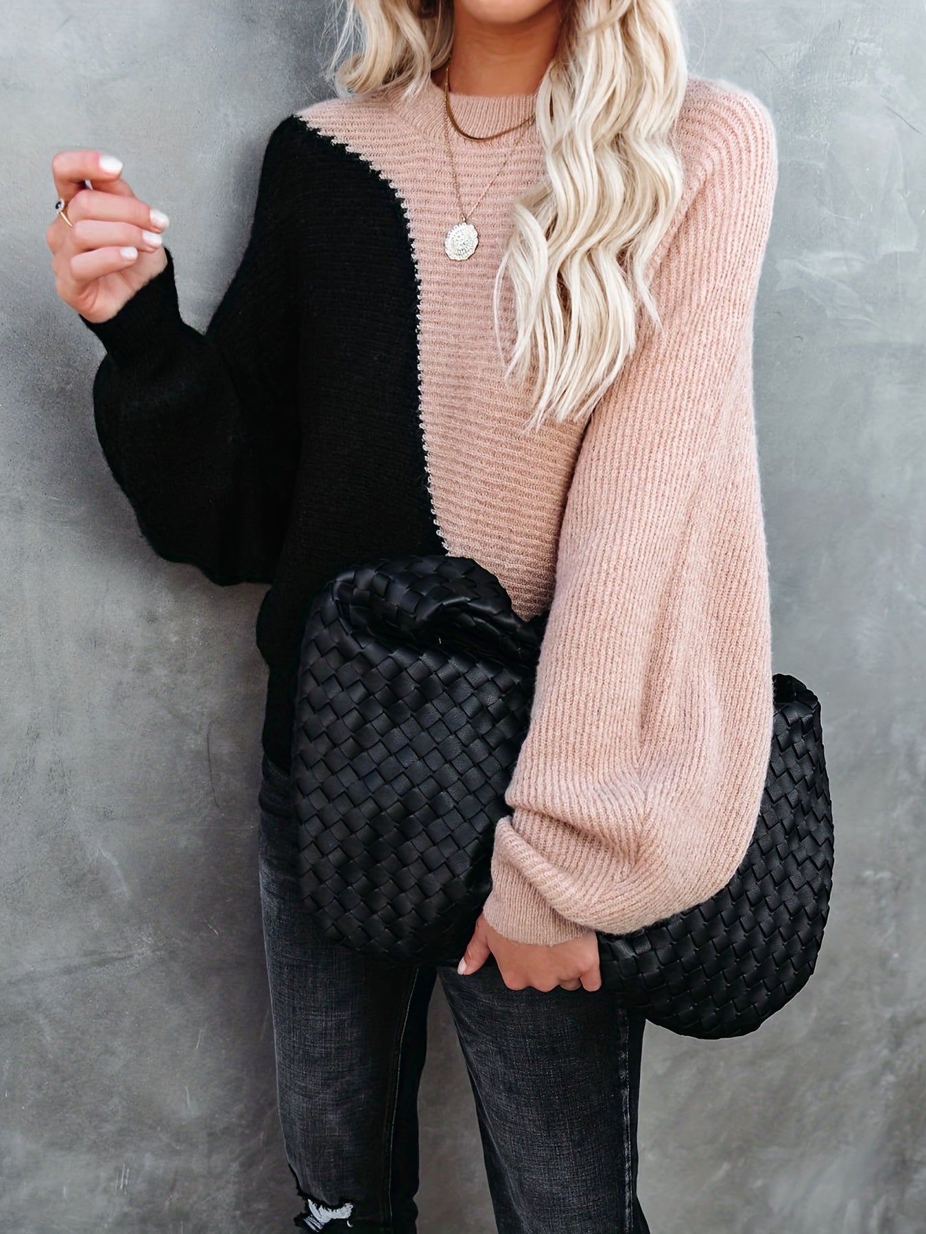Color Block Crew Neck Pullover Sweater, Casual Long Sleeve Sweater For Spring & Fall, Women's Clothing