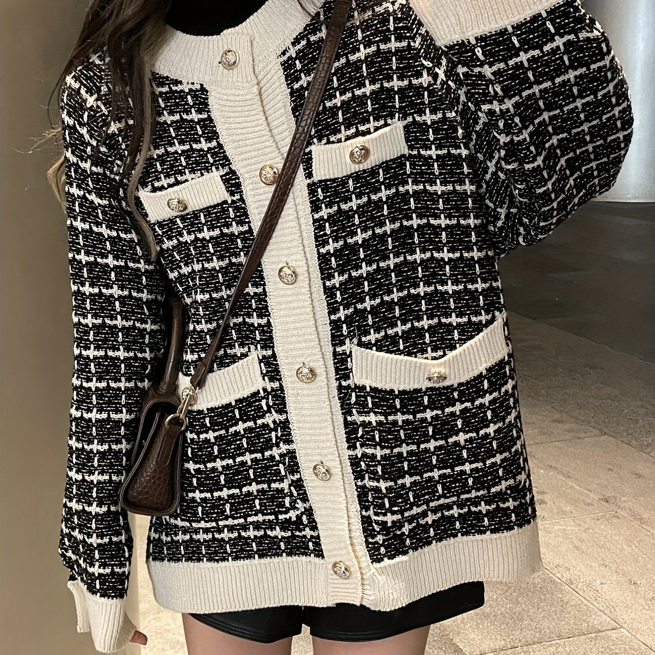 gbolsos Preppy Plaid Pattern Button Up Pocket Cardigan, Casual Long Sleeve Cardigan For Fall & Winter, Women's Clothing