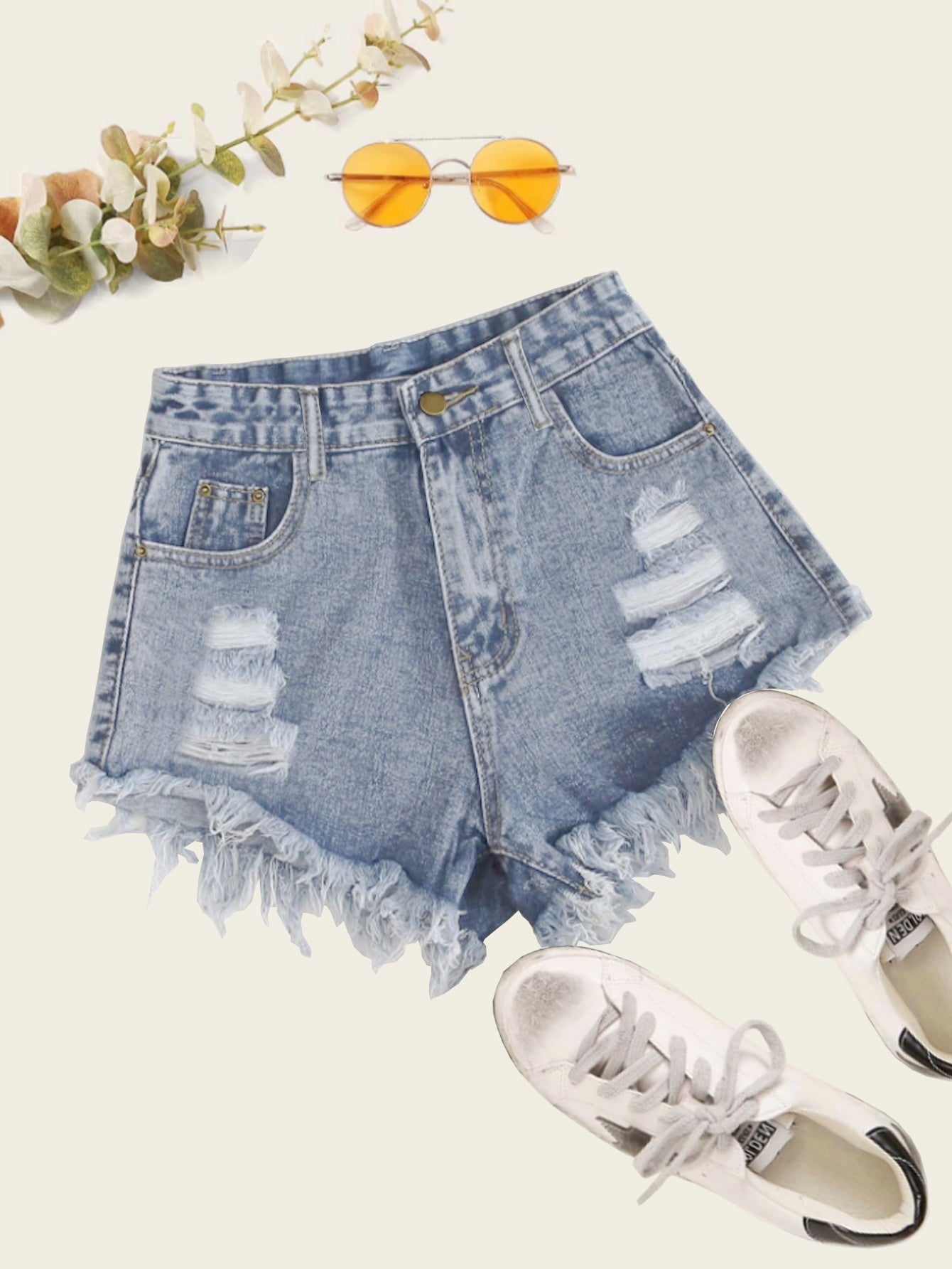 gbolsosRipped Frayed Hem Distressed Shorts, Slash Pockets Zipper Button Closure High Rise Denim Pants, Classic Street Casual Style, Women's Denim Jeans & Clothing