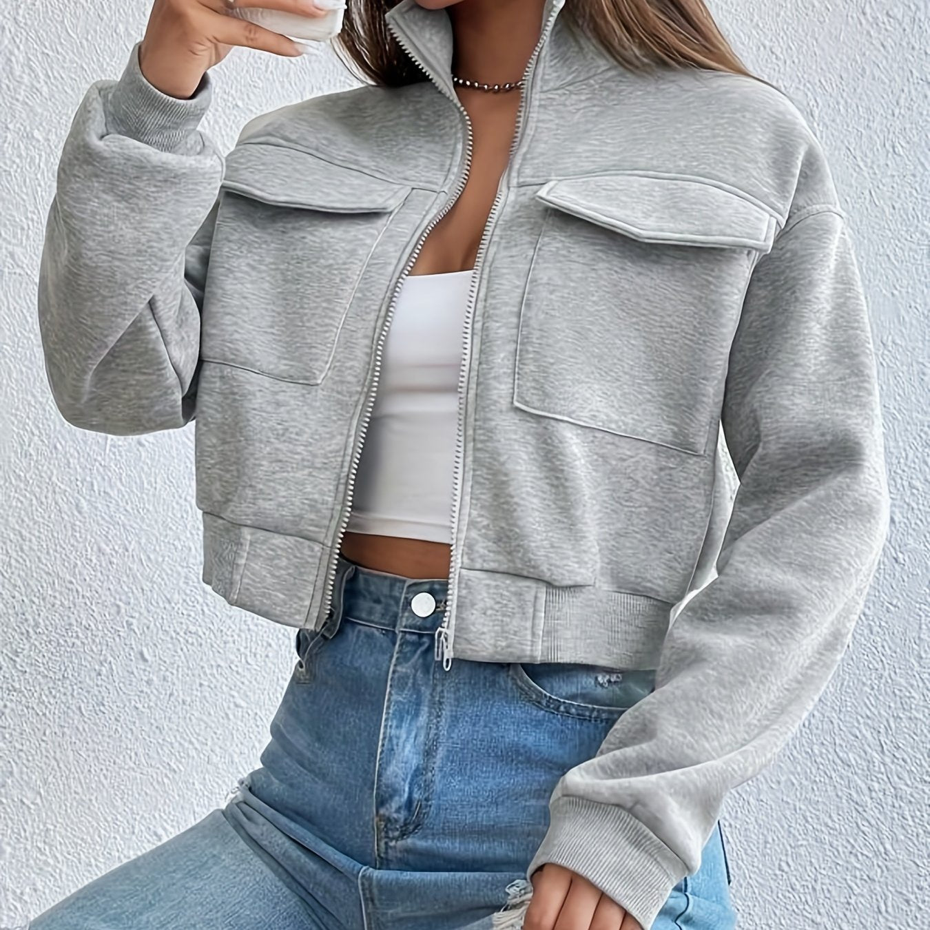 gbolsos Zip Front Flap Pockets Jacket, Casual Turtleneck Crop Jacket For Fall, Women's Clothing