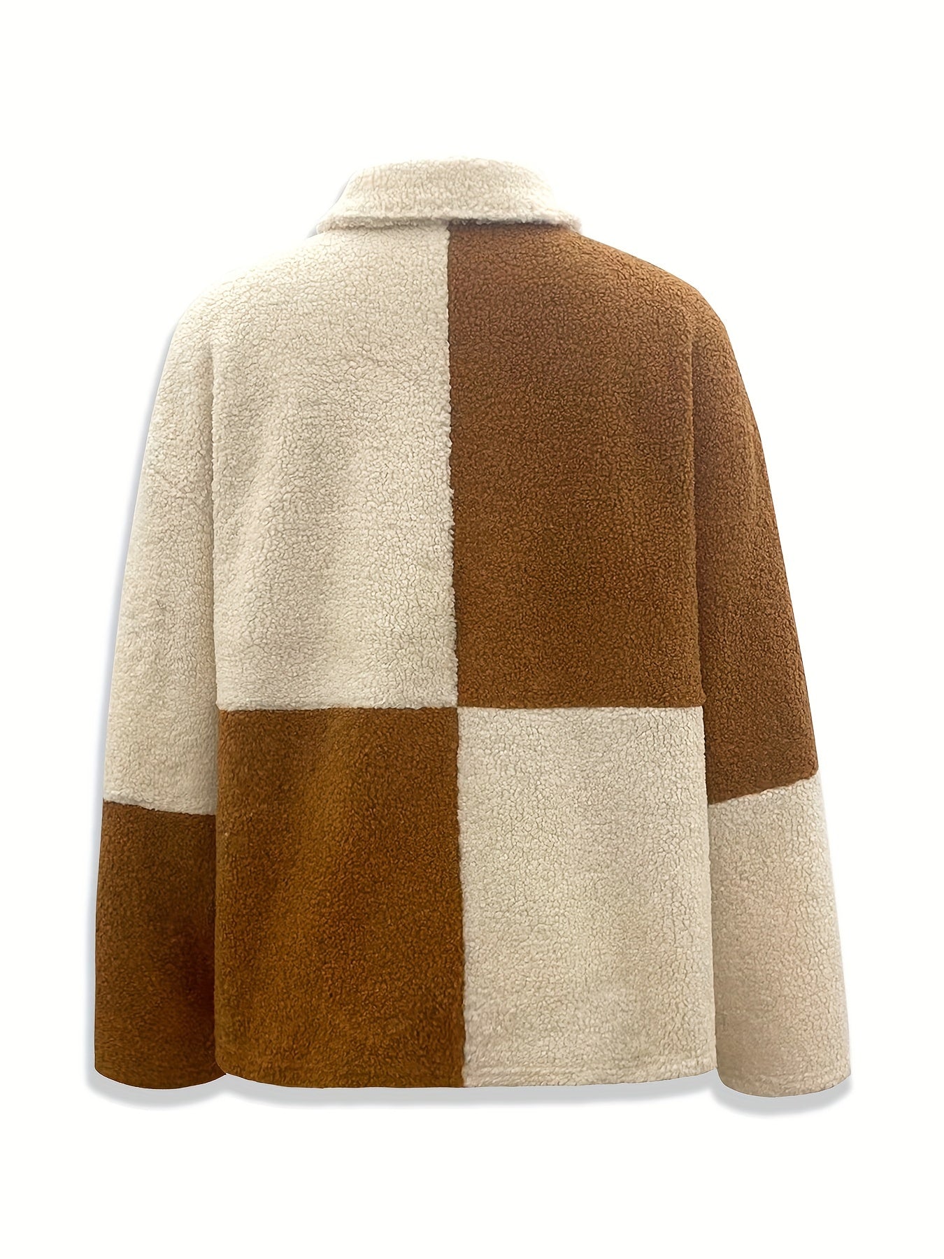 gbolsos Color Block Teddy Jacket, Casual Button Front Long Sleeve Outerwear, Women's Clothing