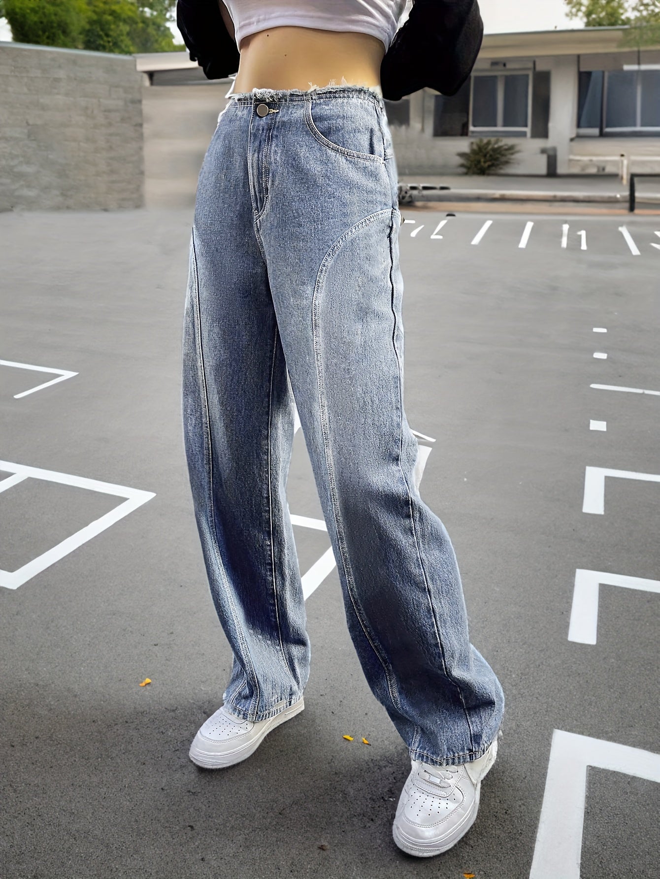gbolsos Blue Raw Trim Waist Straight Jeans, Loose Fit Slant Pockets Casual Denim Pants, Women's Denim Jeans & Clothing