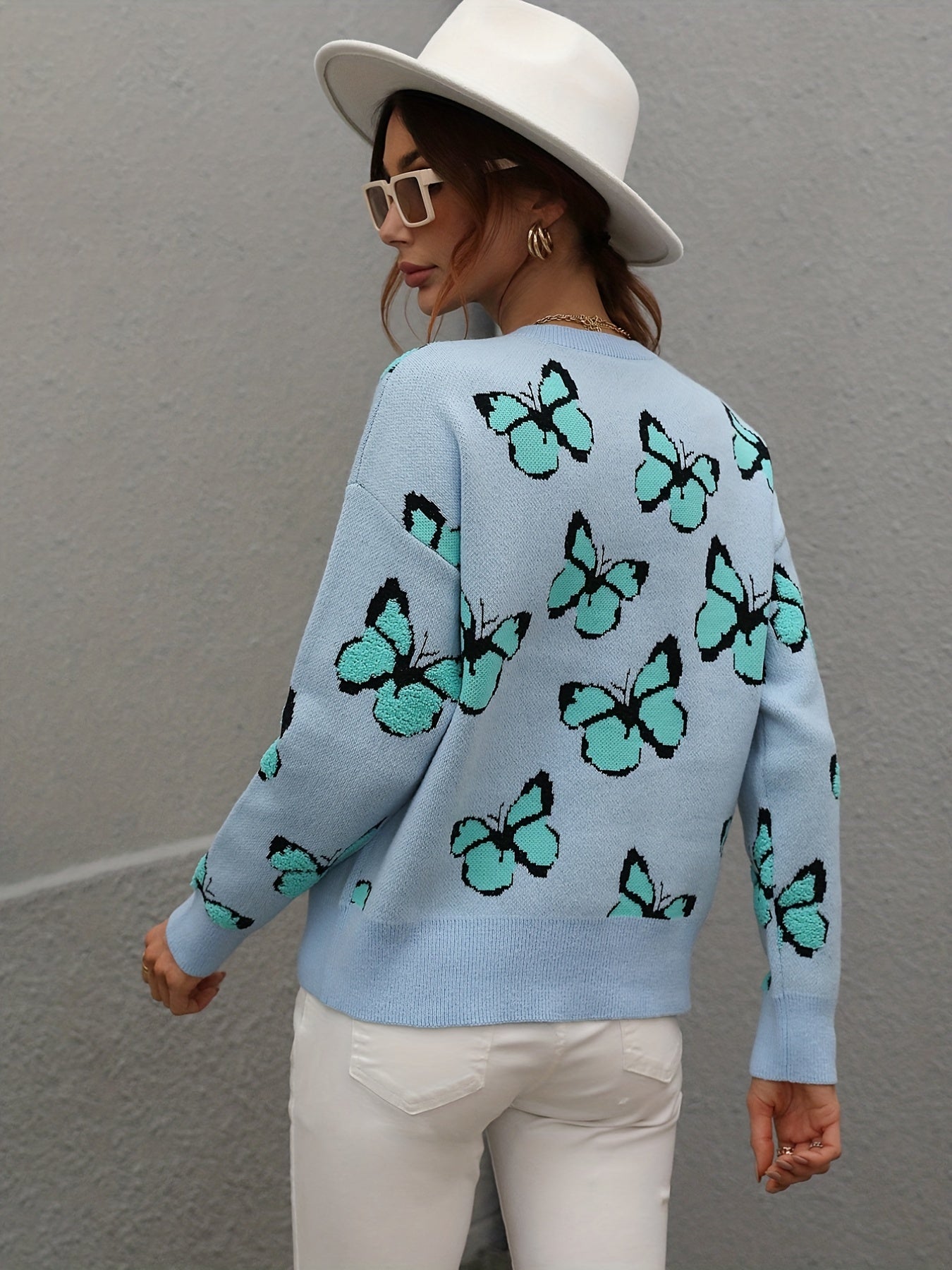 gbolsos Butterfly Print Knit Sweater, Elegant Crew Neck Long Sleeve Sweater, Women's Clothing