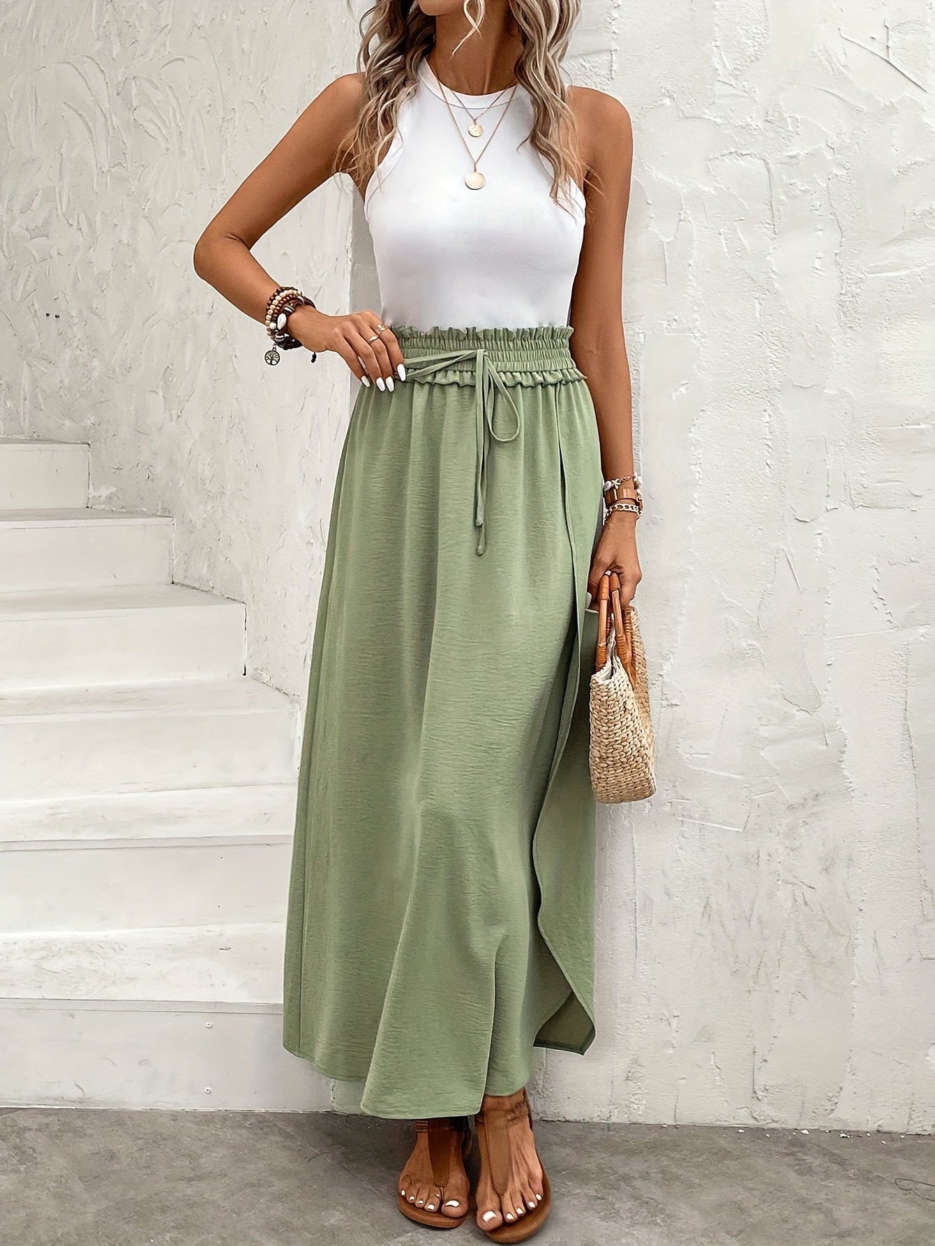 gbolsos Solid Paper Bag Waist Skirt, Casual Split Beach Maxi Skirt, Women's Clothing
