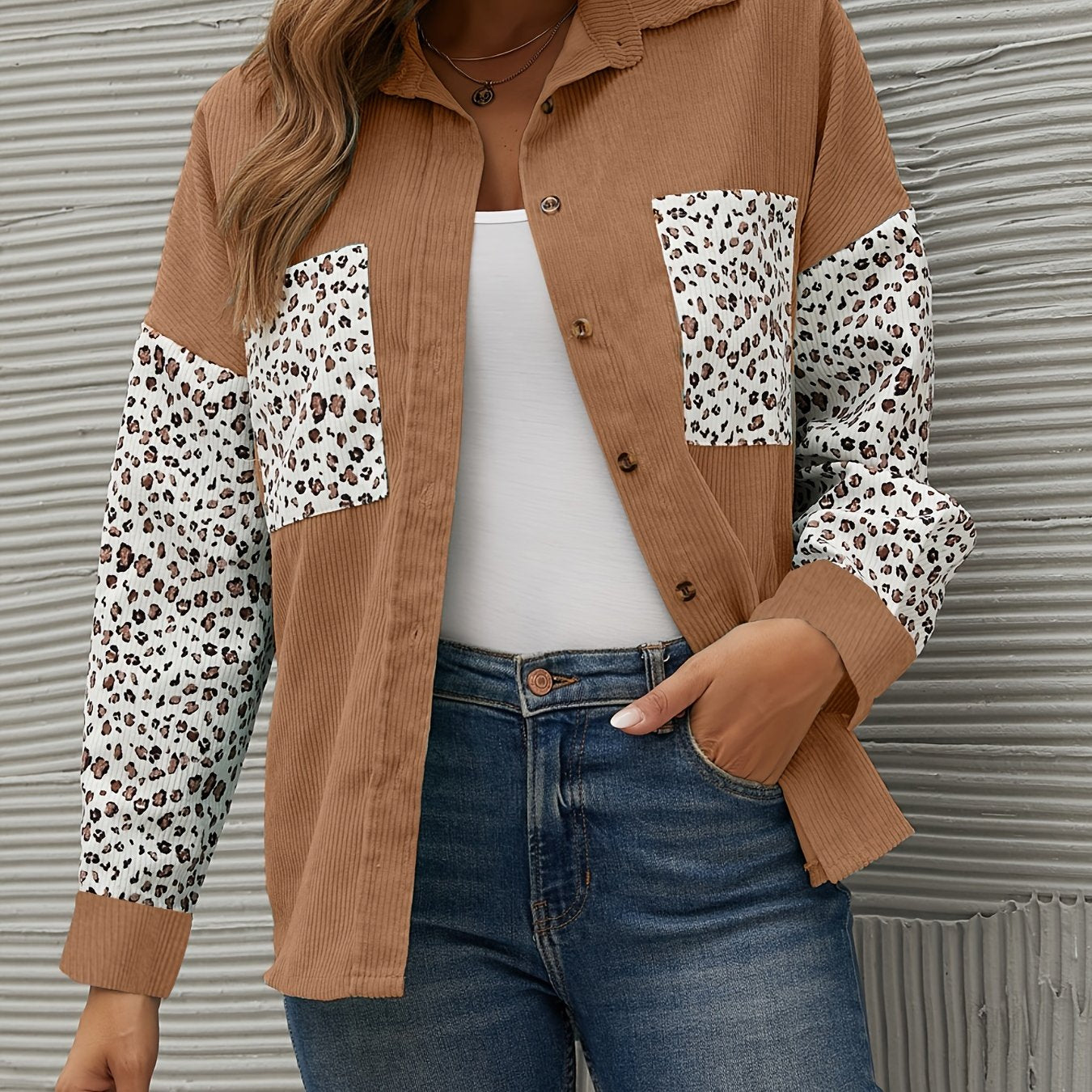 gbolsos Corduroy Leopard Print Stitching Coat, Casual Lapel Long Sleeve Button Down Fashion Loose Outerwear, Women's Clothing