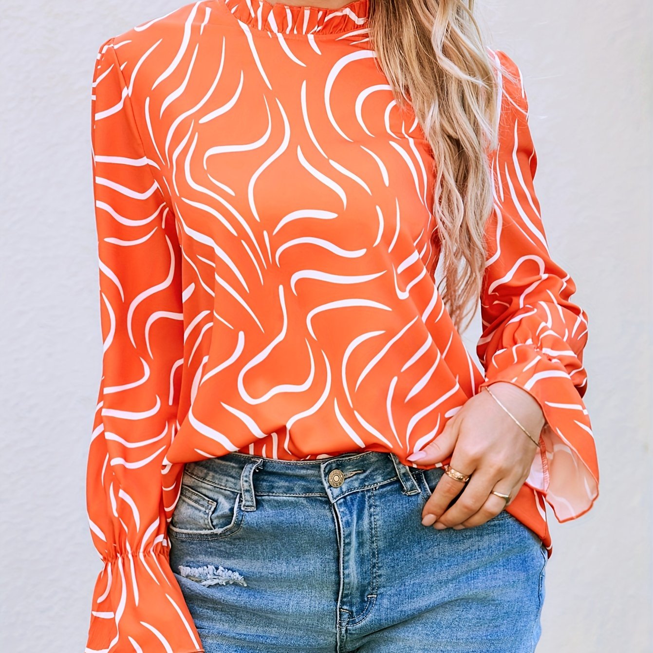 gbolsos Abstract Ripple Print Stand Collar Blouse, Casual Long Sleeve Blouse, Women's Clothing