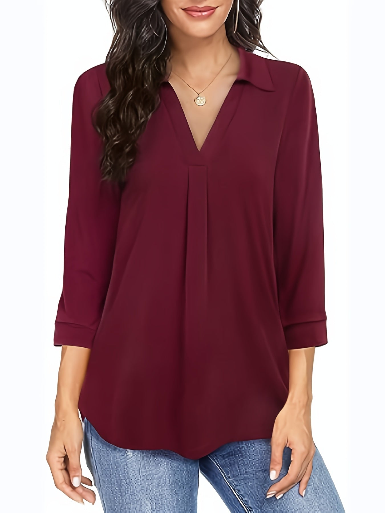 gbolsos Plus Size Casual Blouse, Women's Plus Solid Half Sleeve Turn Down Collar Tunic Top
