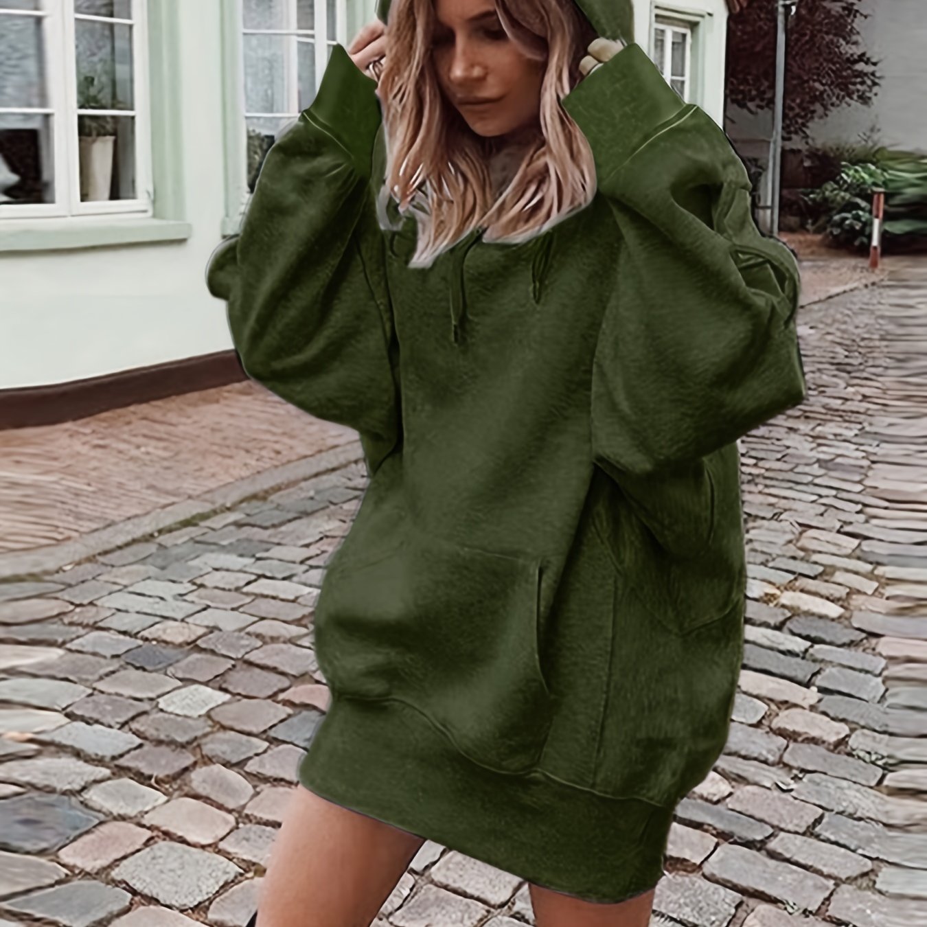 Solid Drawstring Hoodie, Casual Long Sleeve Drop Shoulder Hoodie, Women's Clothing