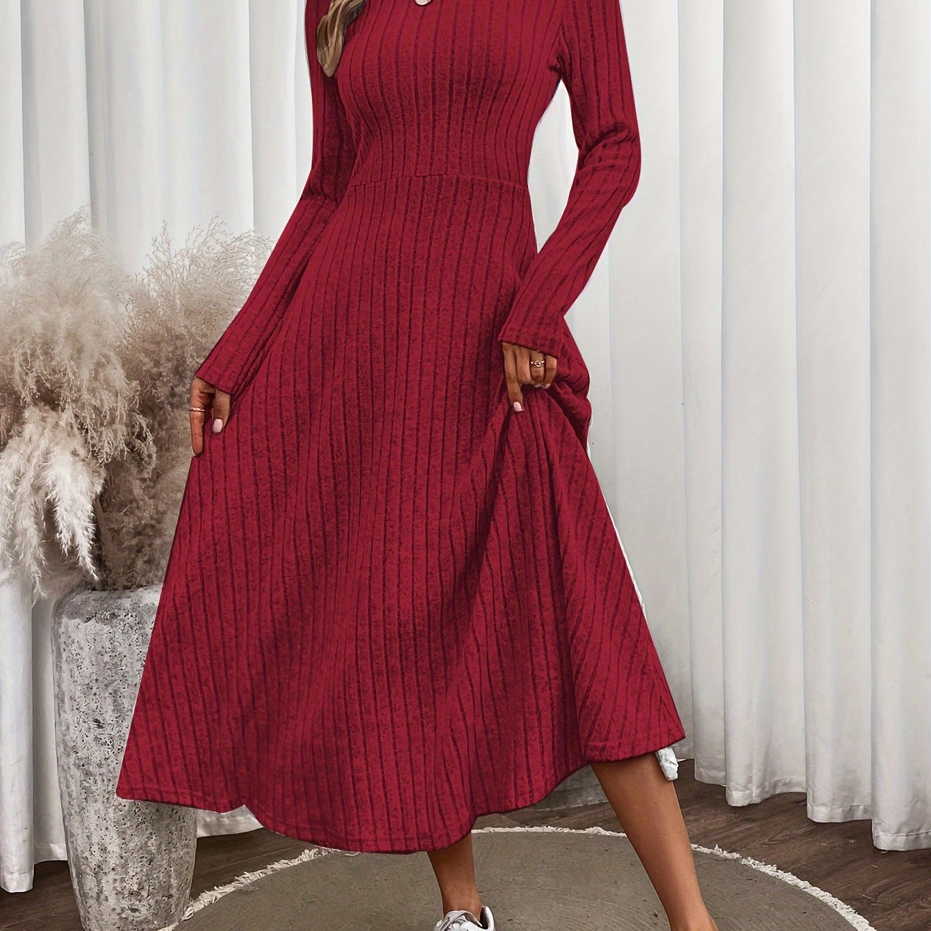 gbolsos Solid Rib-knit Ruffle Sweater Dress, Long Sleeve Mock Neck Elegant Maxi Dress, Women's Clothing