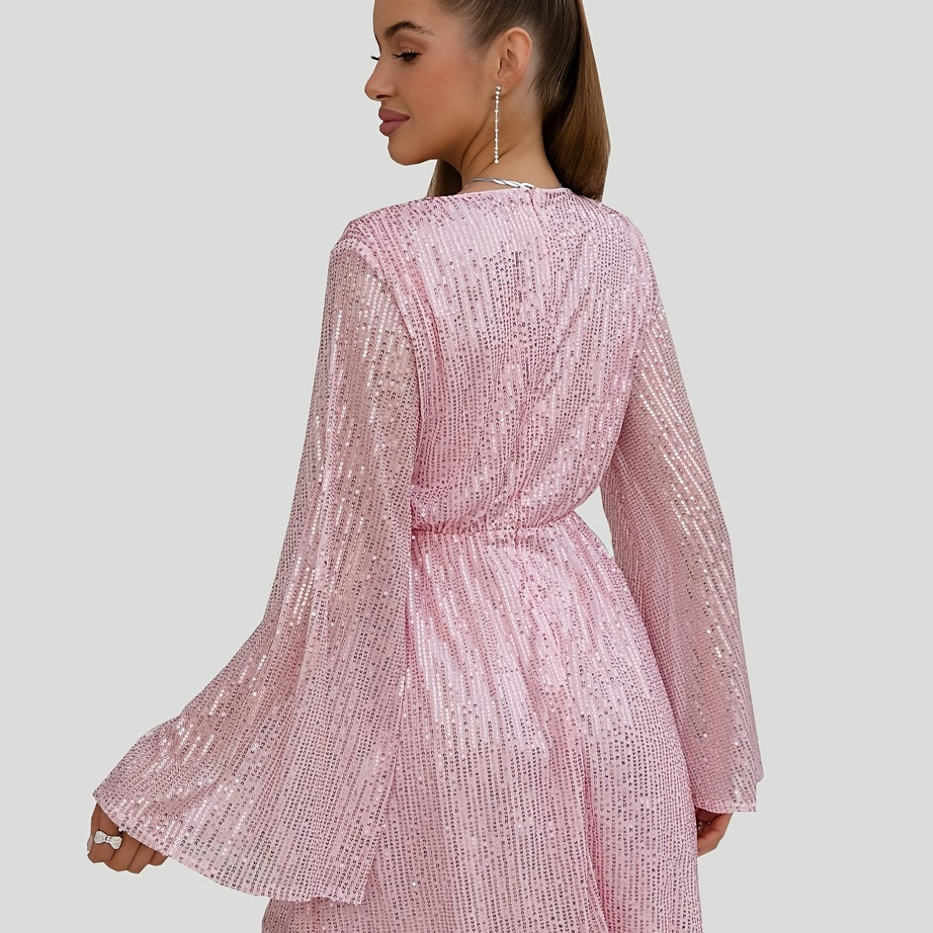 Homecoming Sequined Flare Sleeve V-neck Dress, Elegant Midi Dress For Club & Party, Women's Clothing