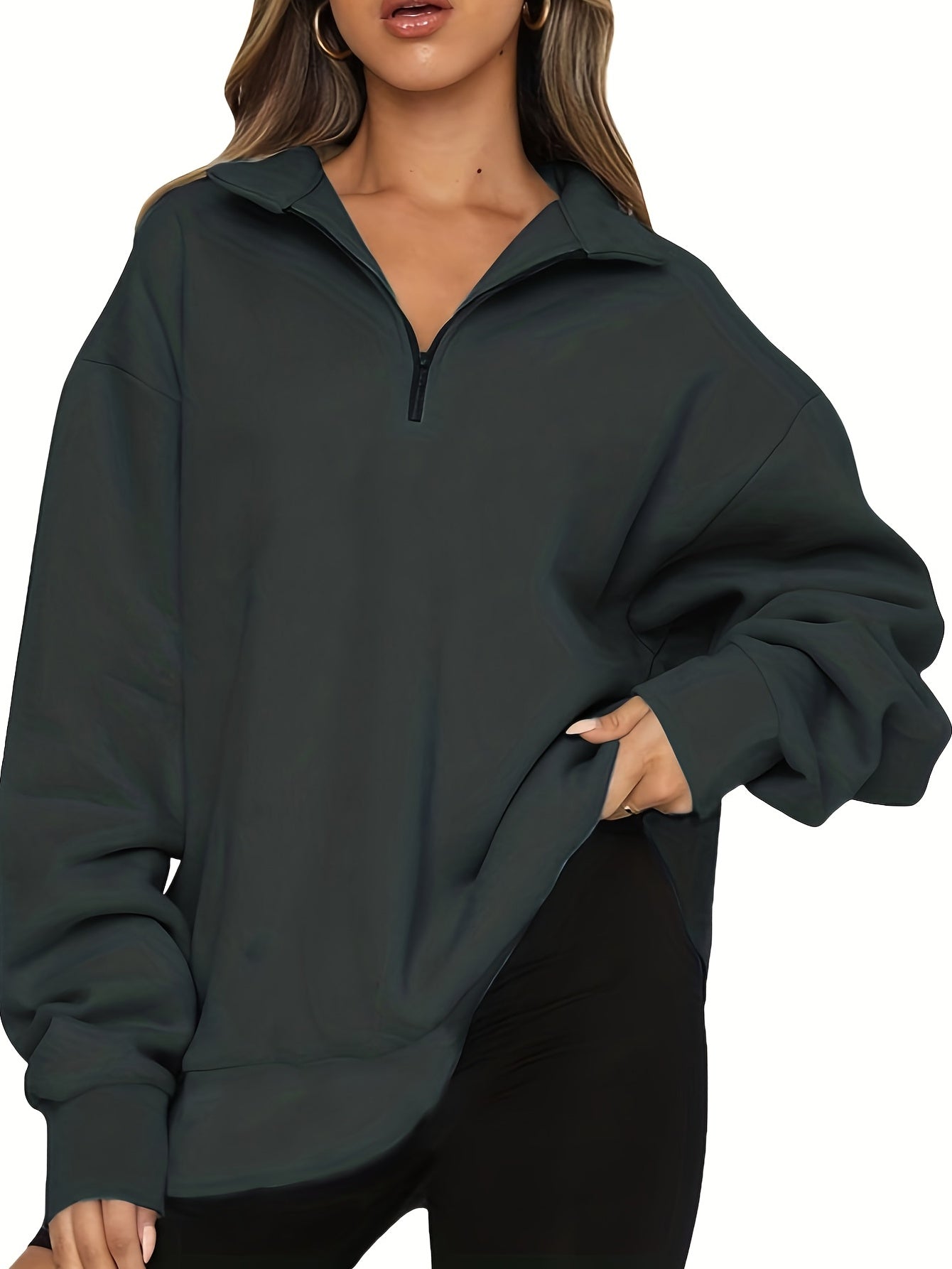 Quarter Zip Lapel Neck Sweatshirt, Casual Sporty Long Sleeve Sweatshirt For Fall & Winter, Women's Clothing